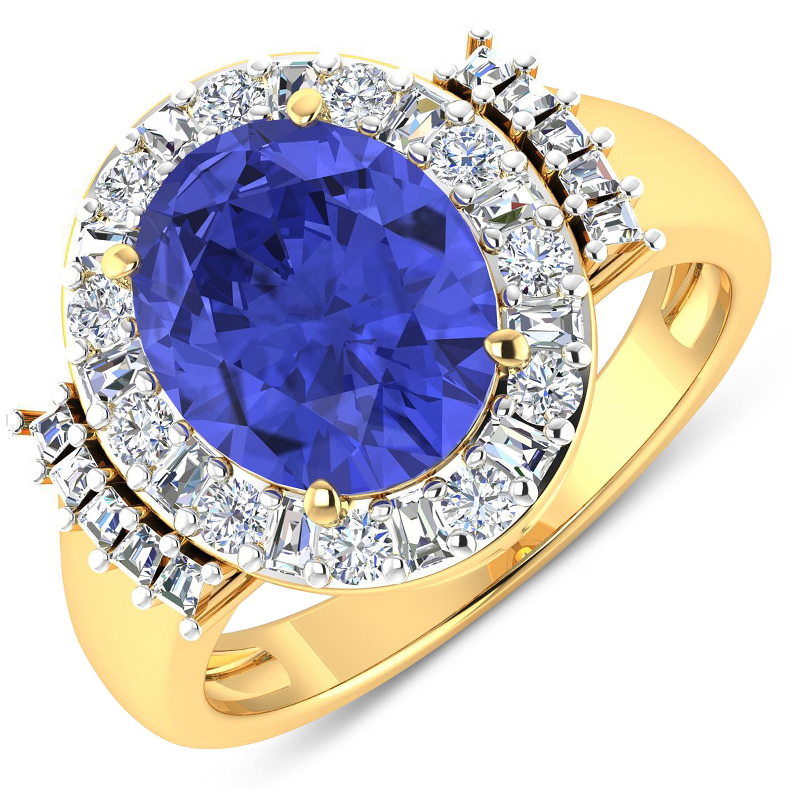 14KT Yellow Gold 3.43ct Tanzanite and Diamond Ring: Tanzanite (AA+) Oval 11x9mm - 1Pc + White Diamond Tapper Baguette 2.00x1.50x1.10mm - 11Pcs + White Diamond Tapper Baguette 1.50x1.40x1.00mm - 10Pcs + White Diamond F/C Round 2.00mm - 11Pcs ( White Pan