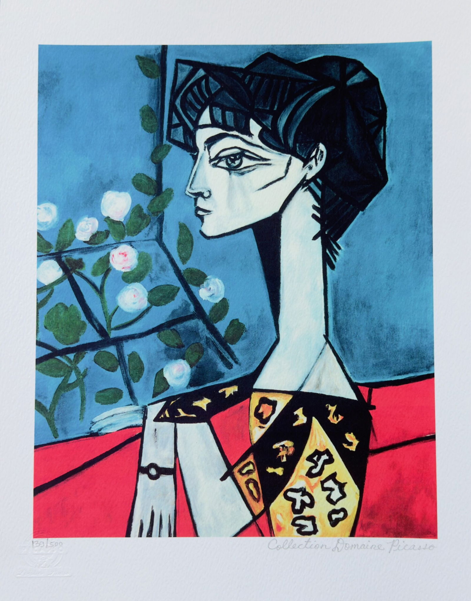 Pablo Picasso JACQUELINE ROQUE WITH FLOWERS Estate Signed Limited Edition Giclee: This is a PABLO PICASSO (ESTATE COLLECTION DOMAINE) (1881-1973) small giclee titled “JACQUELINE ROQUE WITH FLOWERS”. This piece is pencil signed on the lower right as ‘Collection Domaine Pic