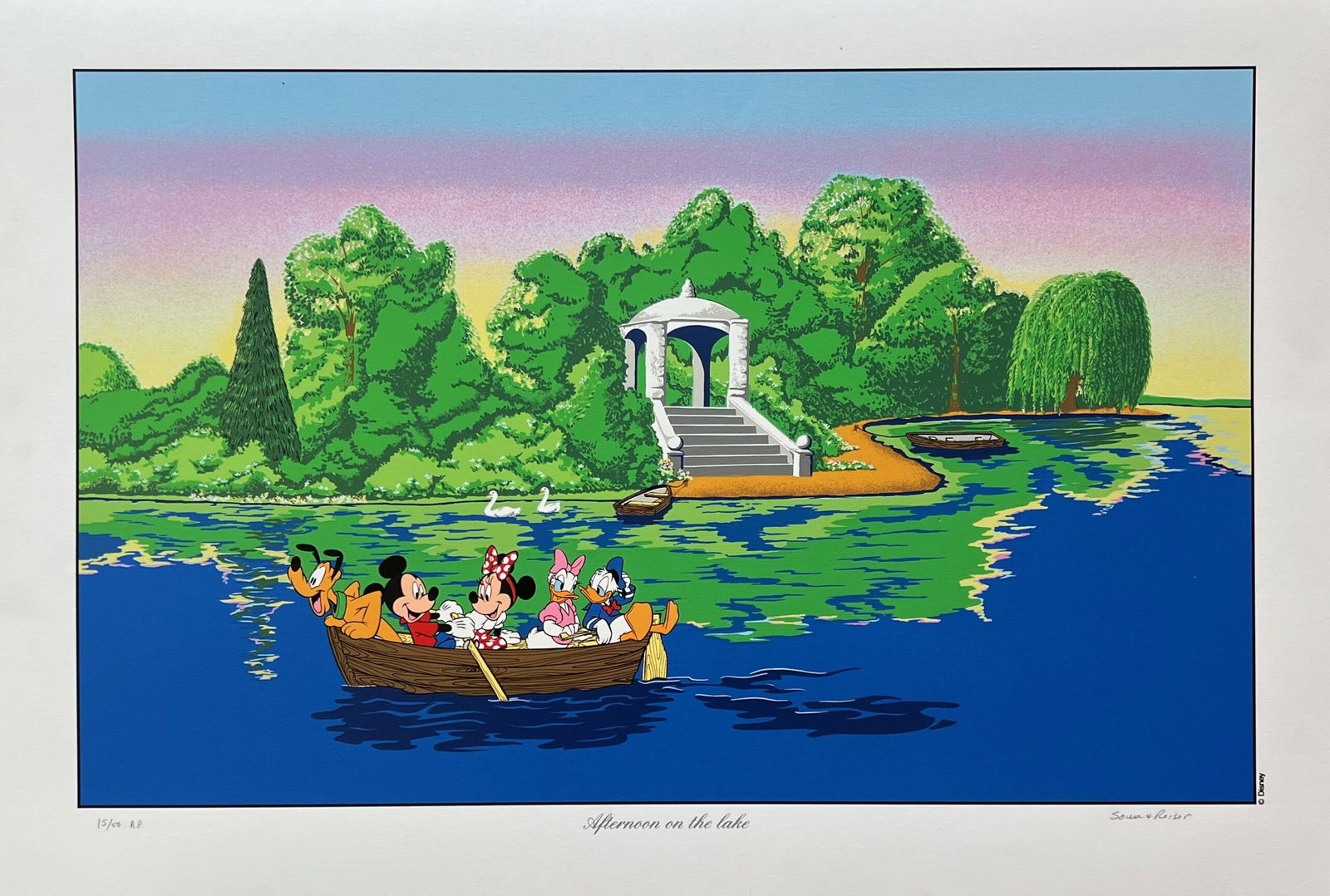 Disney MICKEY & MINNIE MOUSE AFTERNOON ON THE LAKE Serigraph: This is a rare Walt Disney silkscreen titled “AFTERNOON ON THE LAKE”. This vintage treasure would beautifully grace the walls of any Disney fan and is a must have. It features Mickey & Minnie
