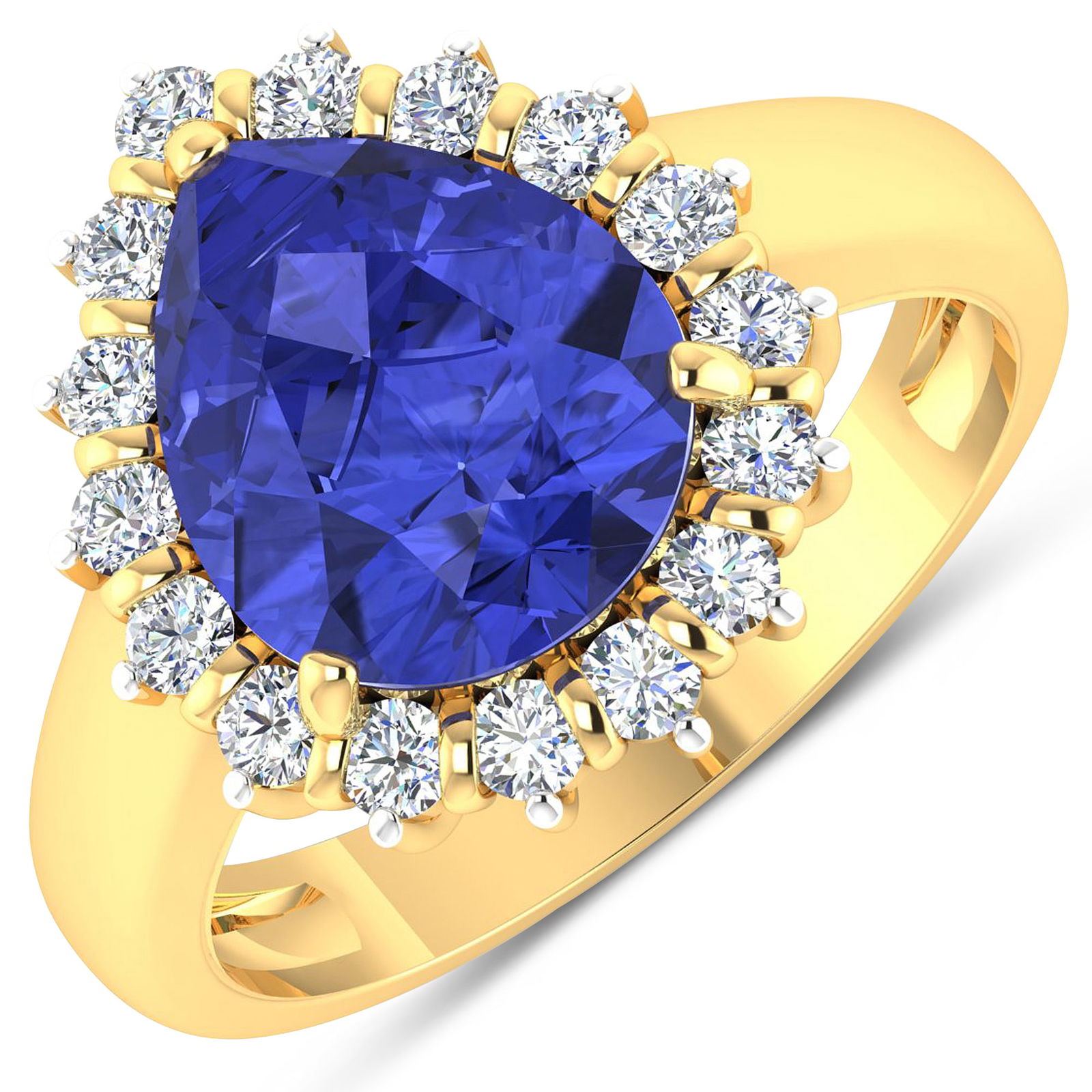 14KT Yellow Gold 2.97ct Tanzanite and Diamond Ring: Tanzanite (AA+) Pears 11x9mm - 1Pc + White Diamond F/C Round 2.00mm - 16Pcs ( White Pan Rhodium ) ( Diamond Quality : SI-2/HI ). Total weight of gemstone is 2.97cts. Total weight of Diamonds is 0.48ct