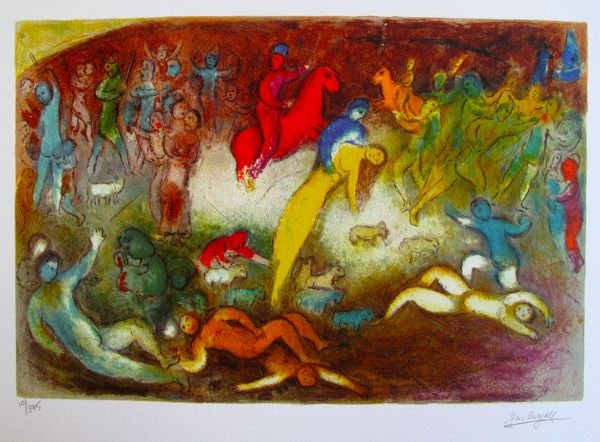 Marc Chagall CHLOE IS CARRIED OFF Facsimile Signed Limited Edition Giclee: This is a Marc Chagall limited edition giclee titled “CHLOE IS CARRIED OFF BY THE METHYMNAENS”. This giclee is facsimile signed on the lower right and is pencil numbered on the lower left from
