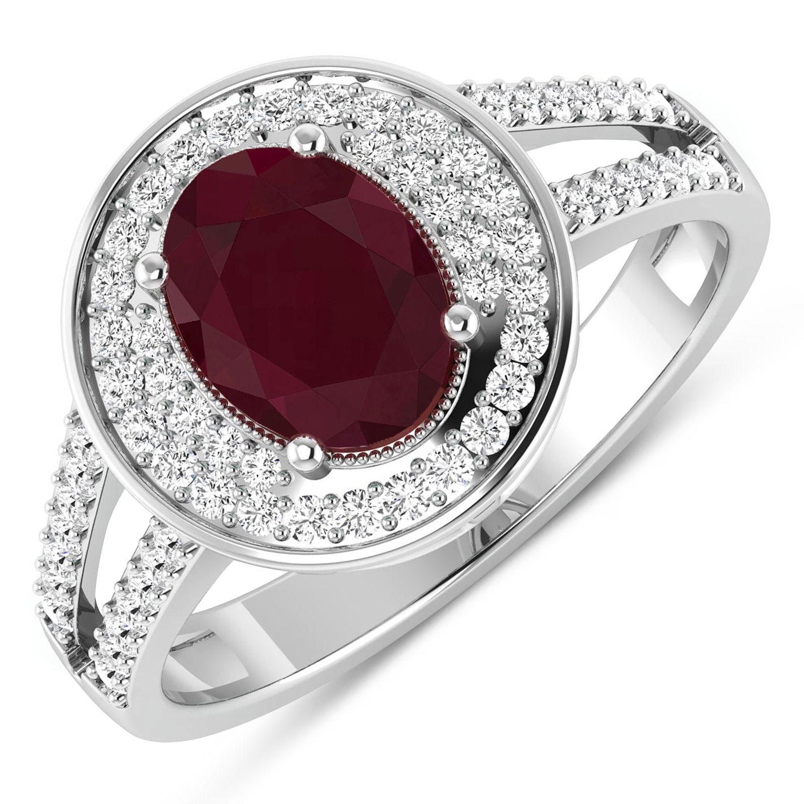 14KT White Gold 1.5ctw Ruby and Diamond Ring: Ruby (AA) Oval 8x6mm - 1Pc + White Diamond F/C Round 1.10mm - 24Pcs + White Diamond F/C Round 1.00mm - 40Pcs ( I1-I2/I color ) Total weight of gemstone is 1.5cts. Total Diamond weight is 0.34cts. Tota