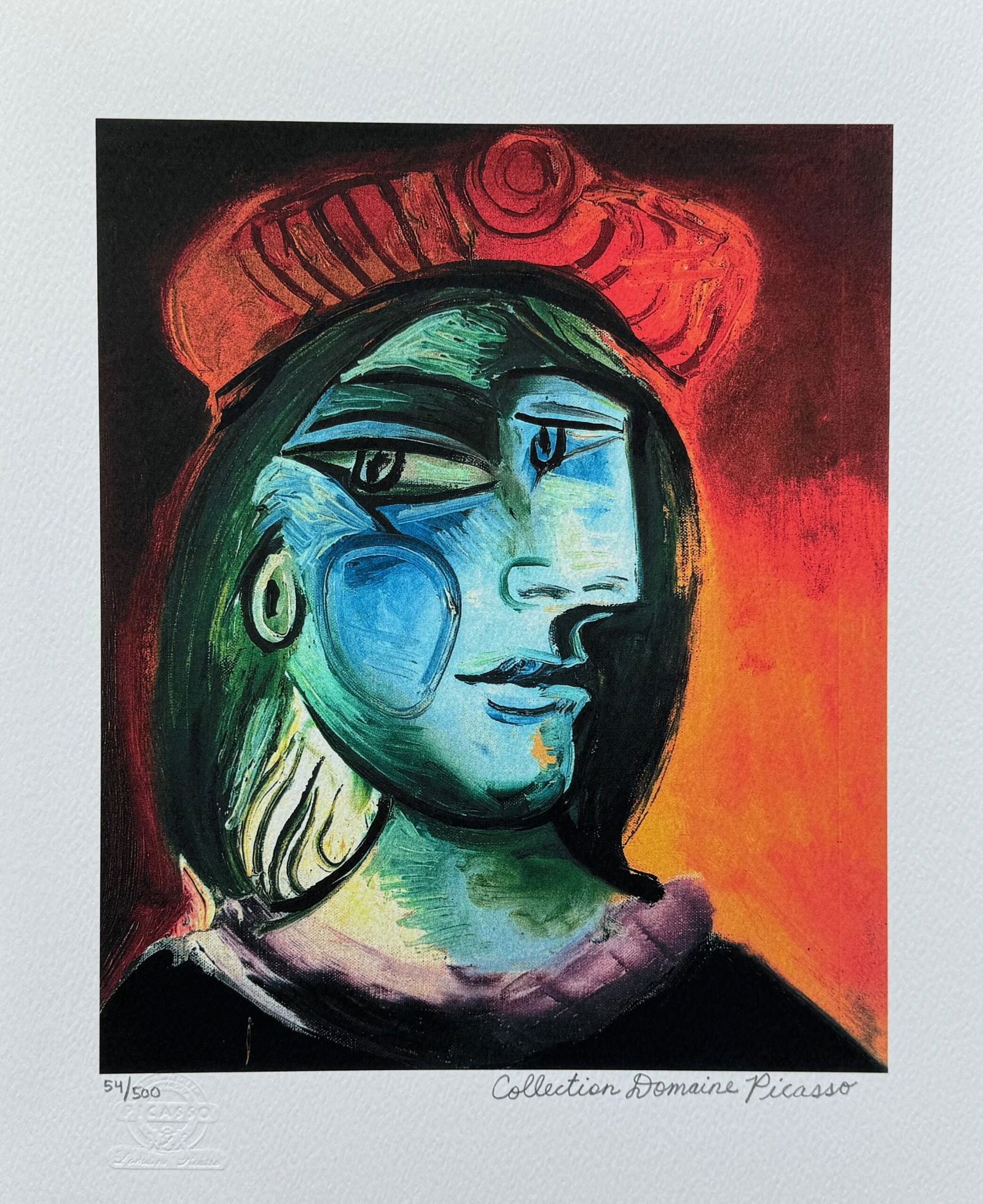 Pablo Picasso WOMAN WITH BERET Estate Signed Limited Edition Giclee: This is a PABLO PICASSO (ESTATE COLLECTION DOMAINE) giclee titled “Woman with Beret”. This piece is pencil signed on the lower right as ‘Collection Domaine Picasso’ and has an embossed sea