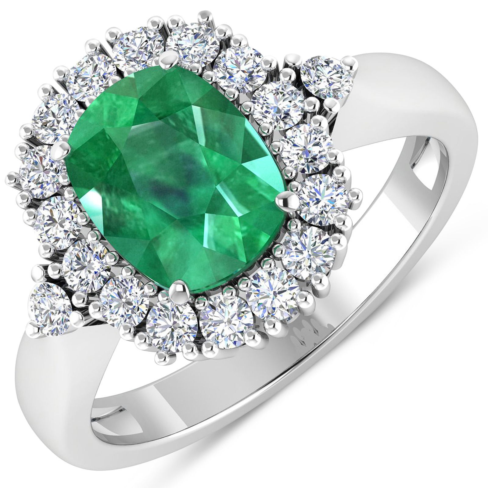 14KT White Gold 1.74ct Zambian Emerald and Diamond Ring: Zambian Emerald (AA) Cushion 9x7mm - 1Pc + White Diamond F/C Round 2.00mm - 18Pcs ( Diamond Quality : SI-2/HI ). Total weight of gemstone is 1.74cts. Total weight of Diamonds is 0.54cts. Total weight