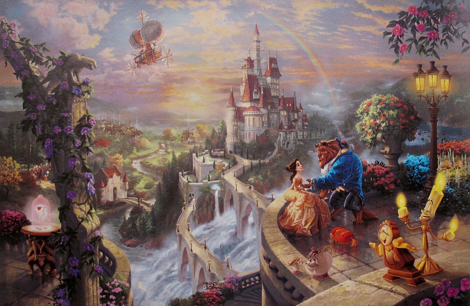 THOMAS KINKADE Beauty and the Beast Giclee on Canvas: This is a reproduction giclee on canvas by Thomas Kinkade titled “Beauty and the Beast” Measures: 12? x 18?. Beautiful rich colors! Comes unframed, un-stretched. Excellent condition!