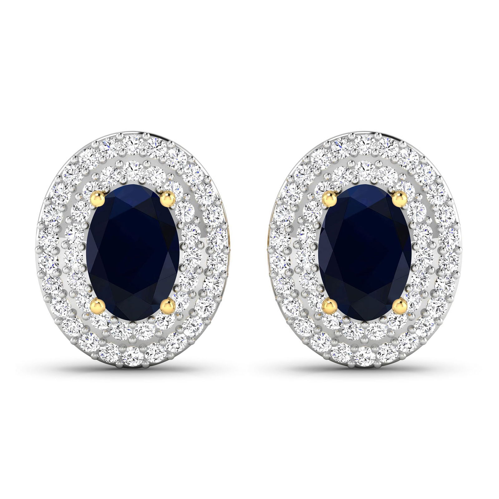 14KT Yellow Gold 1.16ctw Blue Sapphire and Diamond Earrings: Blue Sapphire (AA) Oval 6x4mm - 2Pcs + White Diamond F/C Round 0.90mm - 90Pcs ( White Pan Rhodium ) (I1-I2/I color) ( Push Post ) Total weight of gemstones is 1.16cts. Total Diamond weight is 0.31cts.