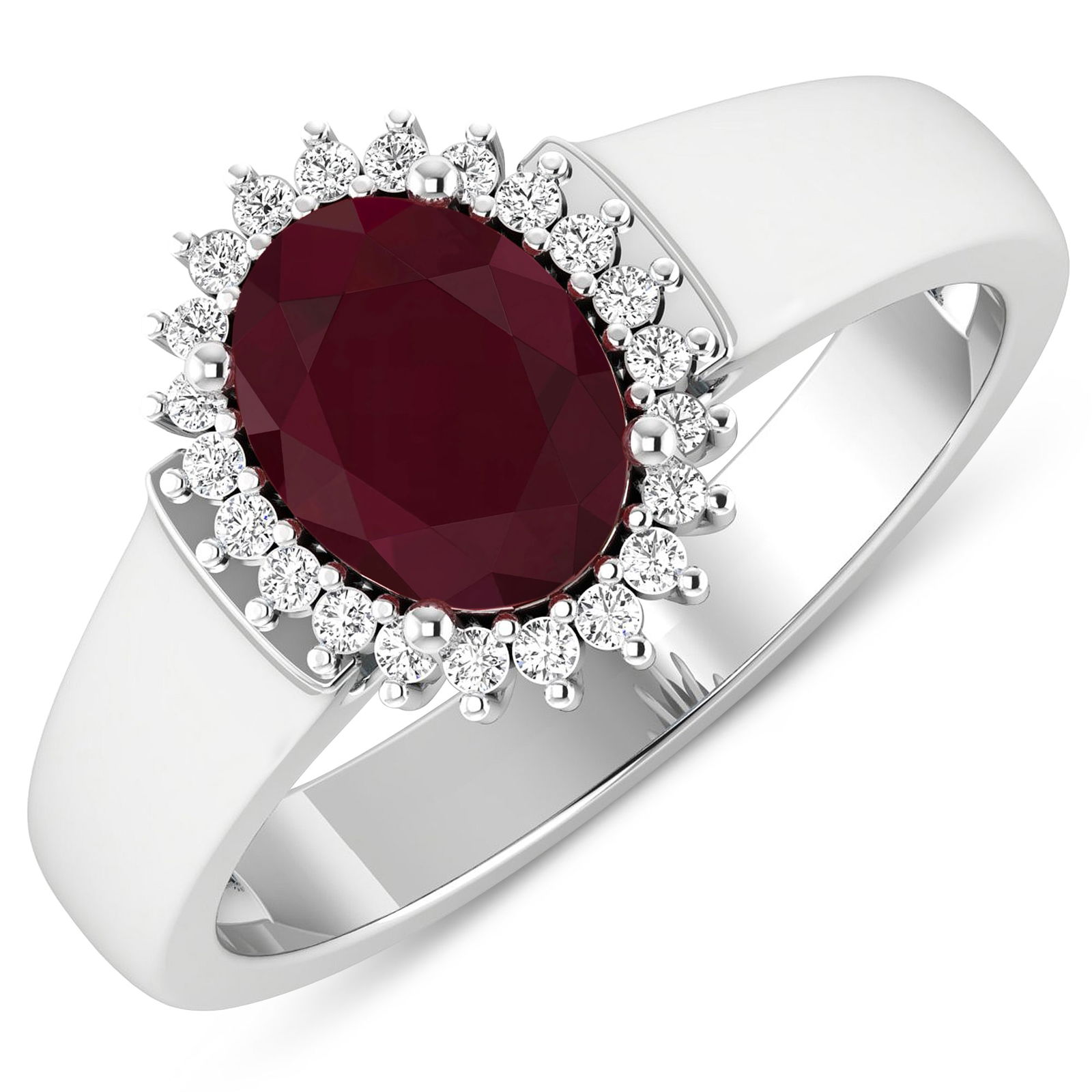 14KT White Gold 1.5ct Ruby and Diamond Ring: Ruby (AA) Oval 8x6mm - 1Pc + White Diamond F/C Round 1.00mm - 22Pcs (I1-I2/I color). Total weight of gemstone is 1.5cts. Total weight of Diamonds is 0.1cts. Total weight of this ring is 4.06 grams. Ri
