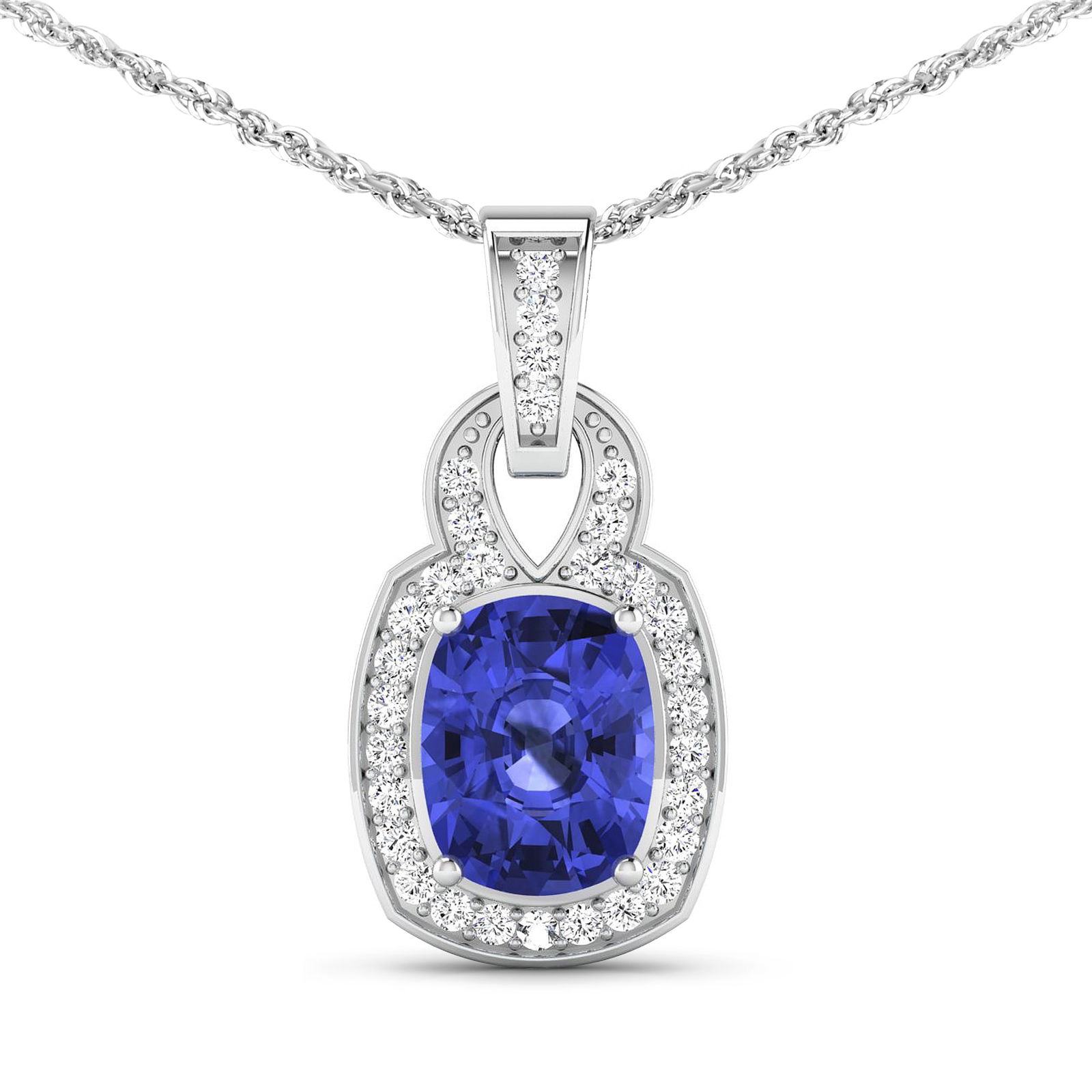14KT White Gold 2.02ctw Tanzanite and Diamond Pendant: Tanzanite (AA+) Cushion 9x7mm - 1Pc + White Diamond F/C Round 1.20mm - 31Pcs ( SI2/HI color ) Total weight of gemstone is 2.02cts. Total Diamond weight is 0.25cts. Total weight of this pendant is 2.11