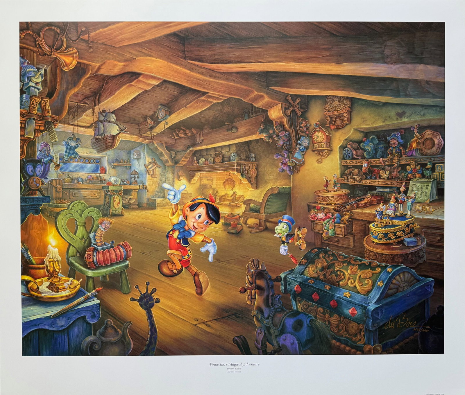 Tom duBois PINOCCHIO MAGICAL ADVENTURE Hand Signed Limited Edition Lithograph: This is a hand signed lithograph by Tom Dubois titled “Pinocchio’s Magical Adventure”. This piece was hand signed by Tom Dubois himself. Image measures 22? x 28?. Paper with border measures