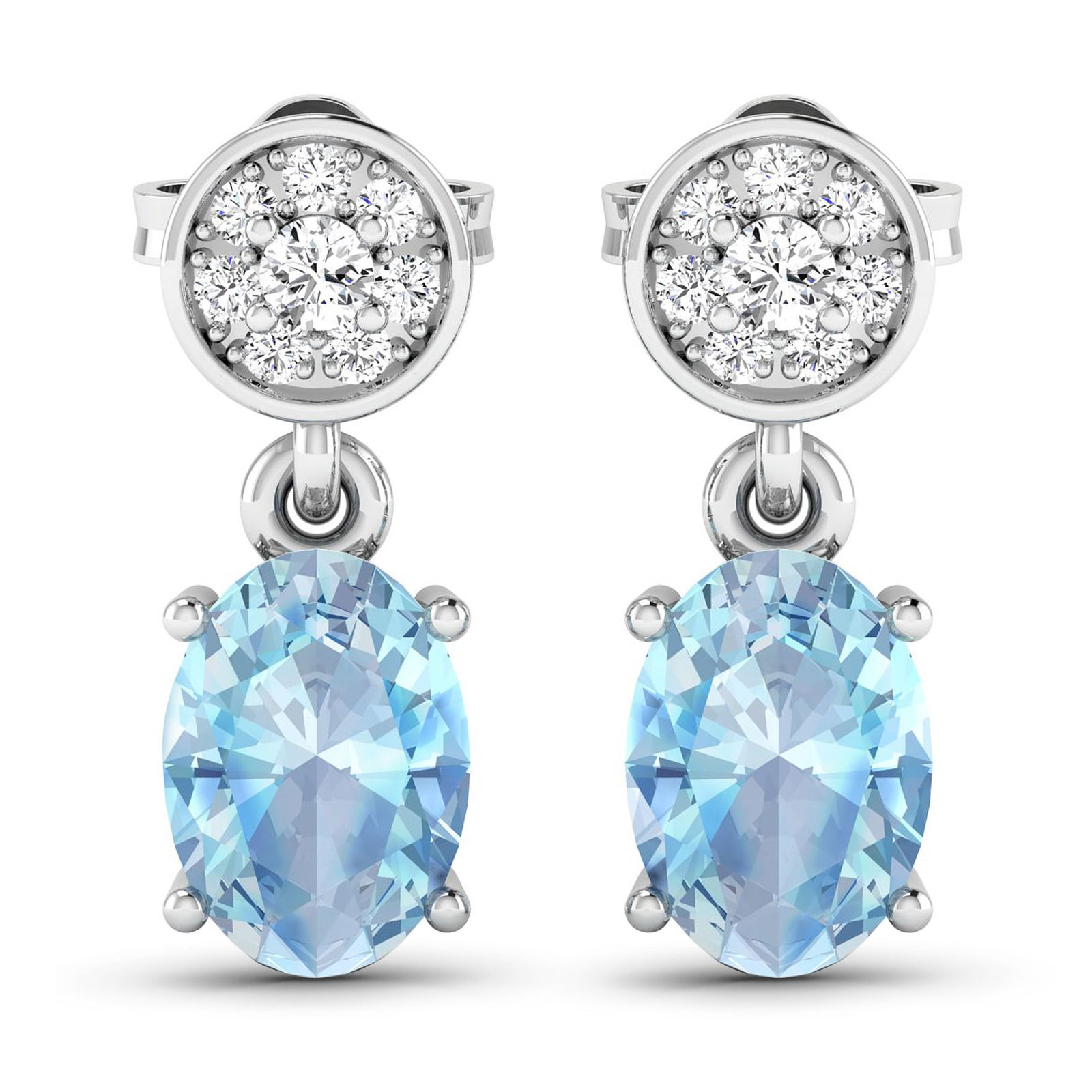 14KT White Gold 1.02ctw Aquamarine and Diamond Earrings: Aquamarine (AA+) Oval 7x5mm - 2Pcs + White Diamond F/C Round 1.80mm - 2Pcs + White Diamond F/C Round 1.00mm - 14Pcs ( Push-Post ) ( I1-I2/I color ) Total weight of gemstones is 1.02cts. Total Diamond
