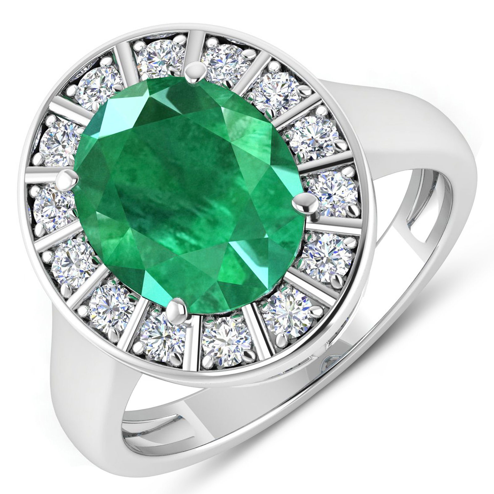 14KT White Gold 3.14ct Zambian Emerald and Diamond Ring: Zambian Emerald (AA) Oval 11x9mm - 1Pc + White Diamond F/C Round 2.00mm - 14Pcs ( Diamond Quality : SI-2/HI ). Total weight of gemstone is 3.14cts. Total weight of Diamonds is 0.42cts. Total weight of