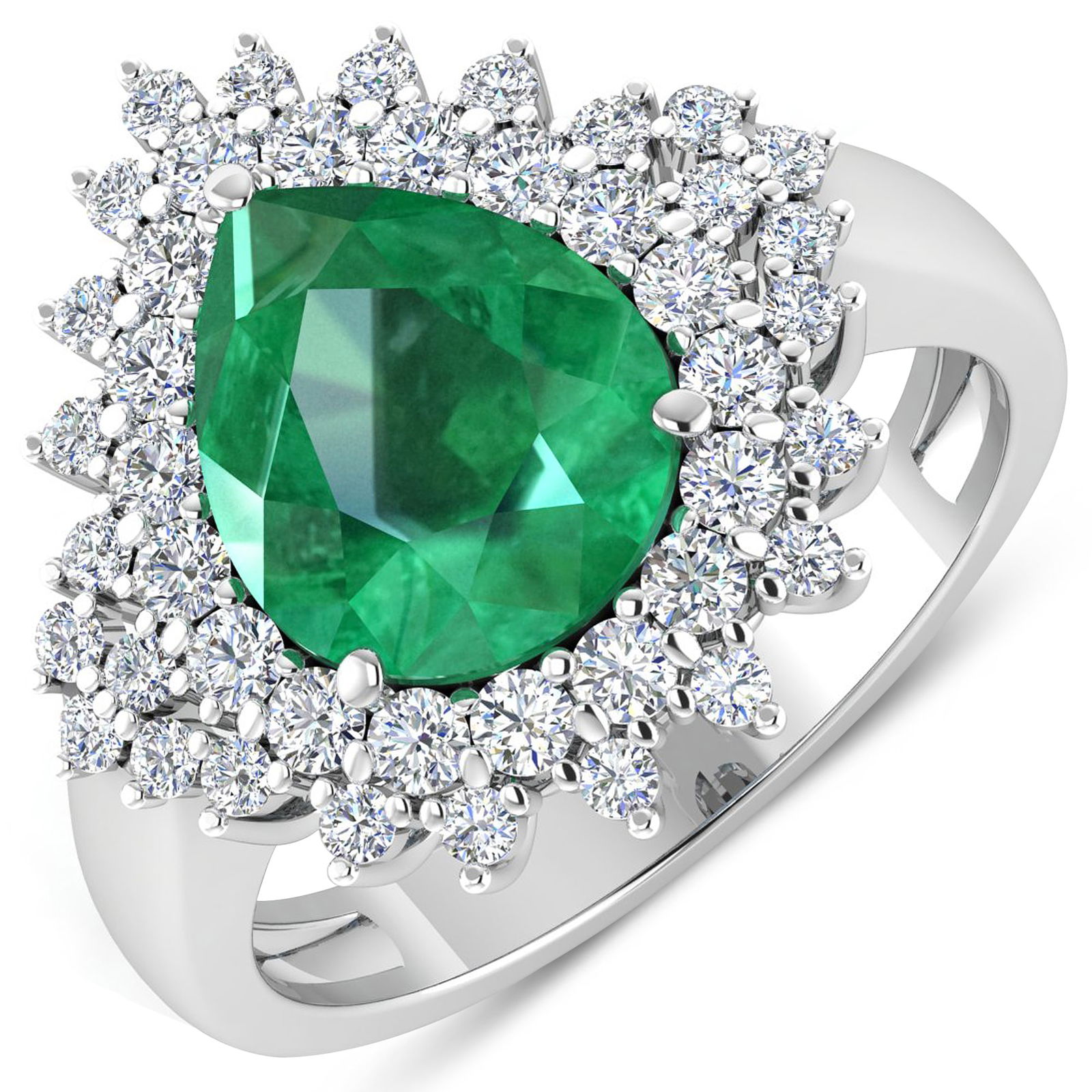 14KT White Gold 2.85ctw Zambian Emerald and Diamond Ring: Zambian Emerald (AA) Pears 11x9mm - 1Pc + White Diamond F/C Round 2.00mm - 18Pcs + White Diamond F/C Round 1.50mm - 25Pcs ( Diamond Quality : SI-2/HI ) Total weight of gemstone is 2.85cts. Total Diamo