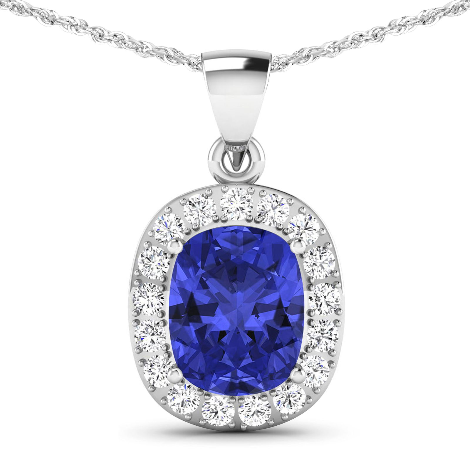 14KT White Gold 3.1ctw Tanzanite and Diamond Pendant: Tanzanite (AA+) Cushion 10x8mm - 1Pc + White Diamond F/C Round 2.00mm - 17Pcs ( Diamond Quality : SI-2/HI ) Total weight of gemstone is 3.1cts. Total Diamond weight is 0.51cts. Total weight of this pe