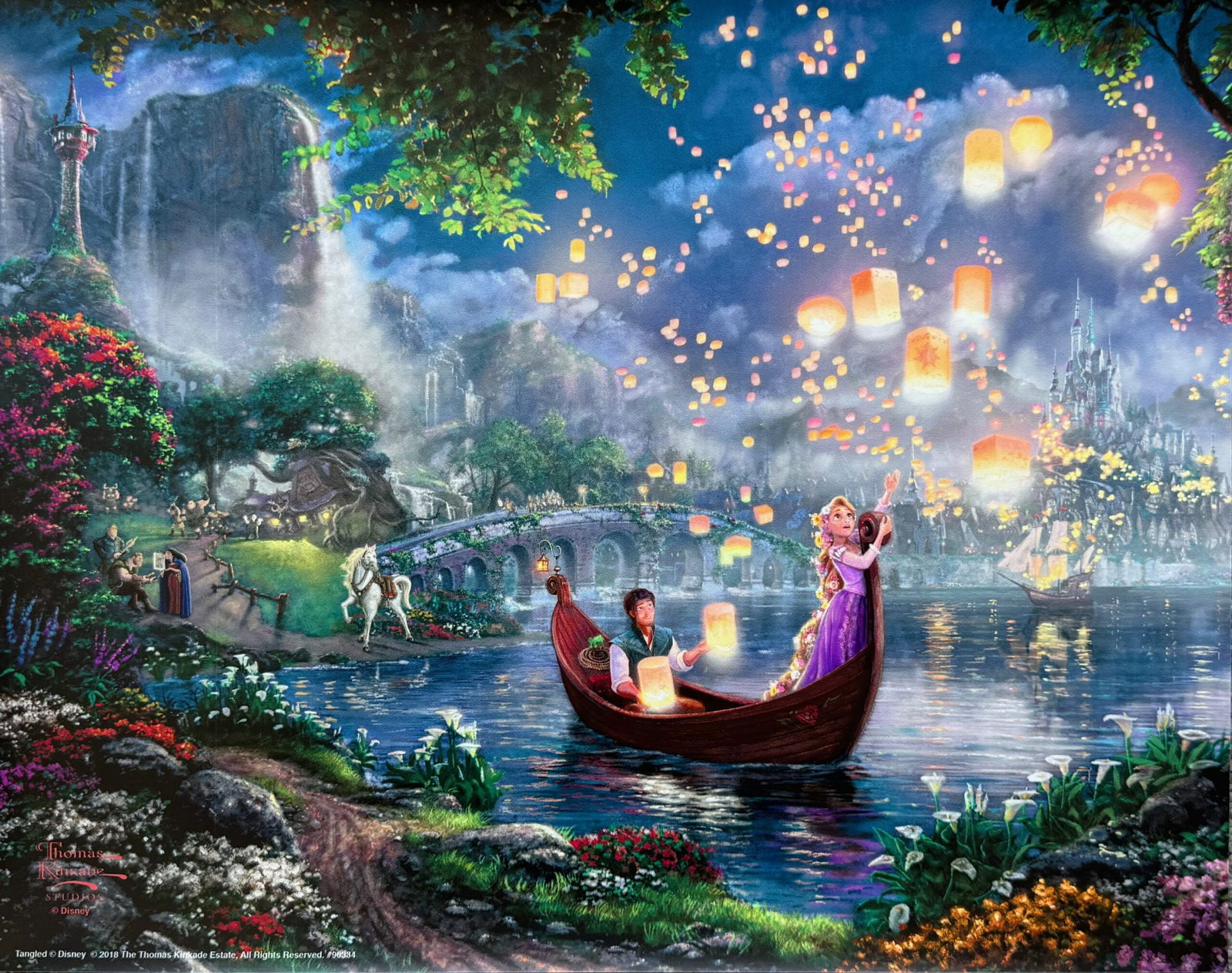 Thomas Kinkade Disney TANGLED Lithograph: This print is from Thomas Kinkade Studios titled “Tangled”. Measures 11? x 14. Comes unsigned, bears a Thomas Kinkade Studios seal. Published in 2018 under license. Comes with a publishers cer