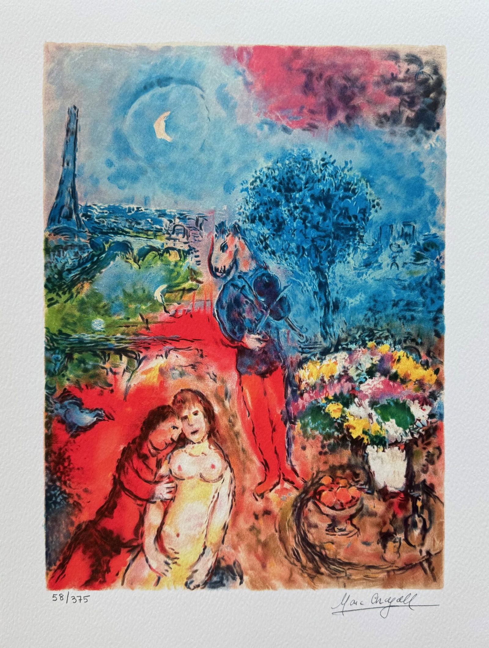 Marc Chagall EIFFEL TOWER SERENADE Facsimile Signed Limited Edition Giclee: This is a Marc Chagall limited edition small giclee titled “EIFFEL TOWER SERENADE”. This giclee is facsimile signed on the lower right and is pencil numbered on the lower left from an edition