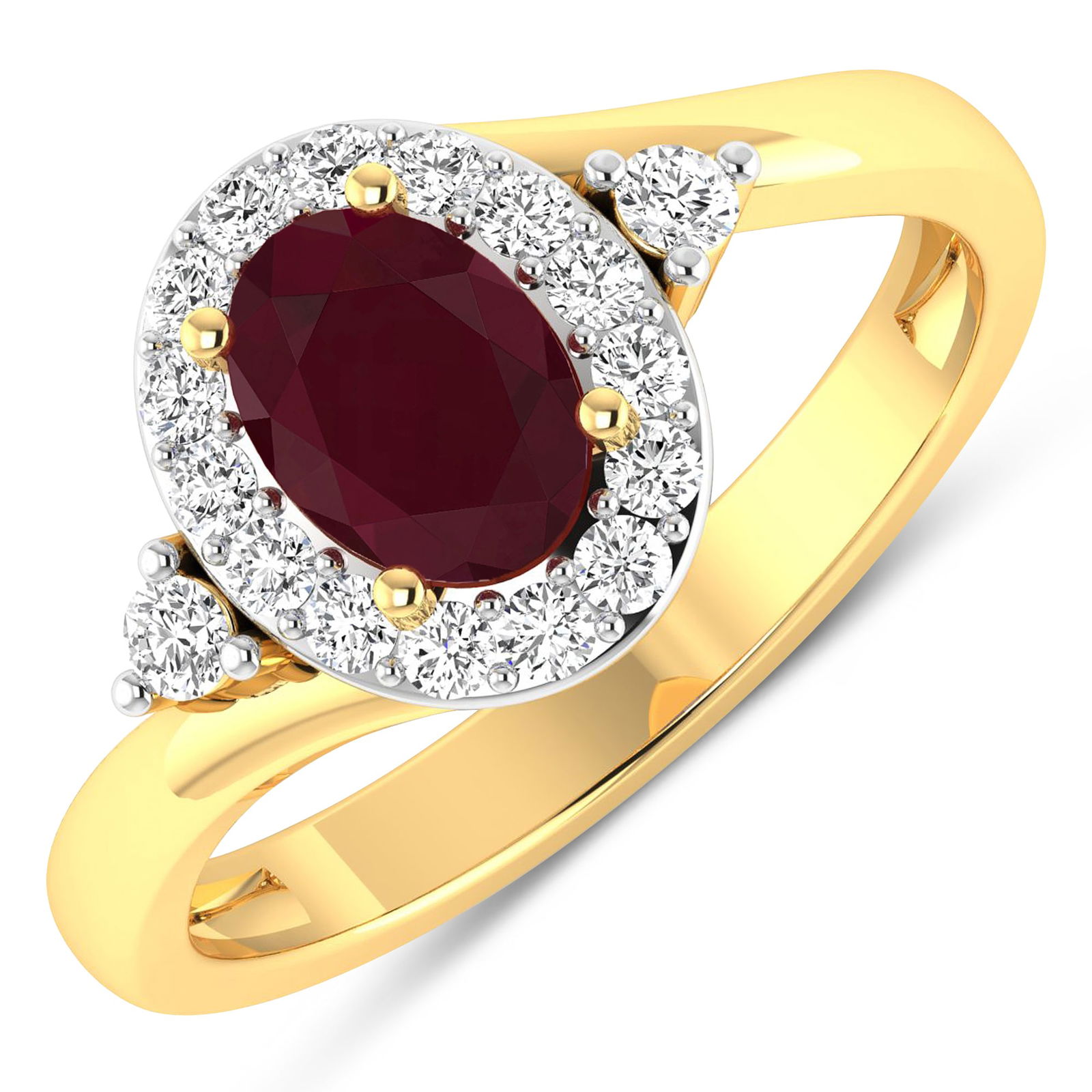 14KT Yellow Gold 0.85ctw Ruby and Diamond Ring: Ruby (AA) Oval 7x5mm - 1Pc + White Diamond F/C Round 2.00mm - 2Pcs + White Diamond F/C Round 1.50mm - 15Pcs ( White Pan Rhodium ) ( I1-I2/I color ) Total weight of gemstone is 0.85cts. Total Diamond w