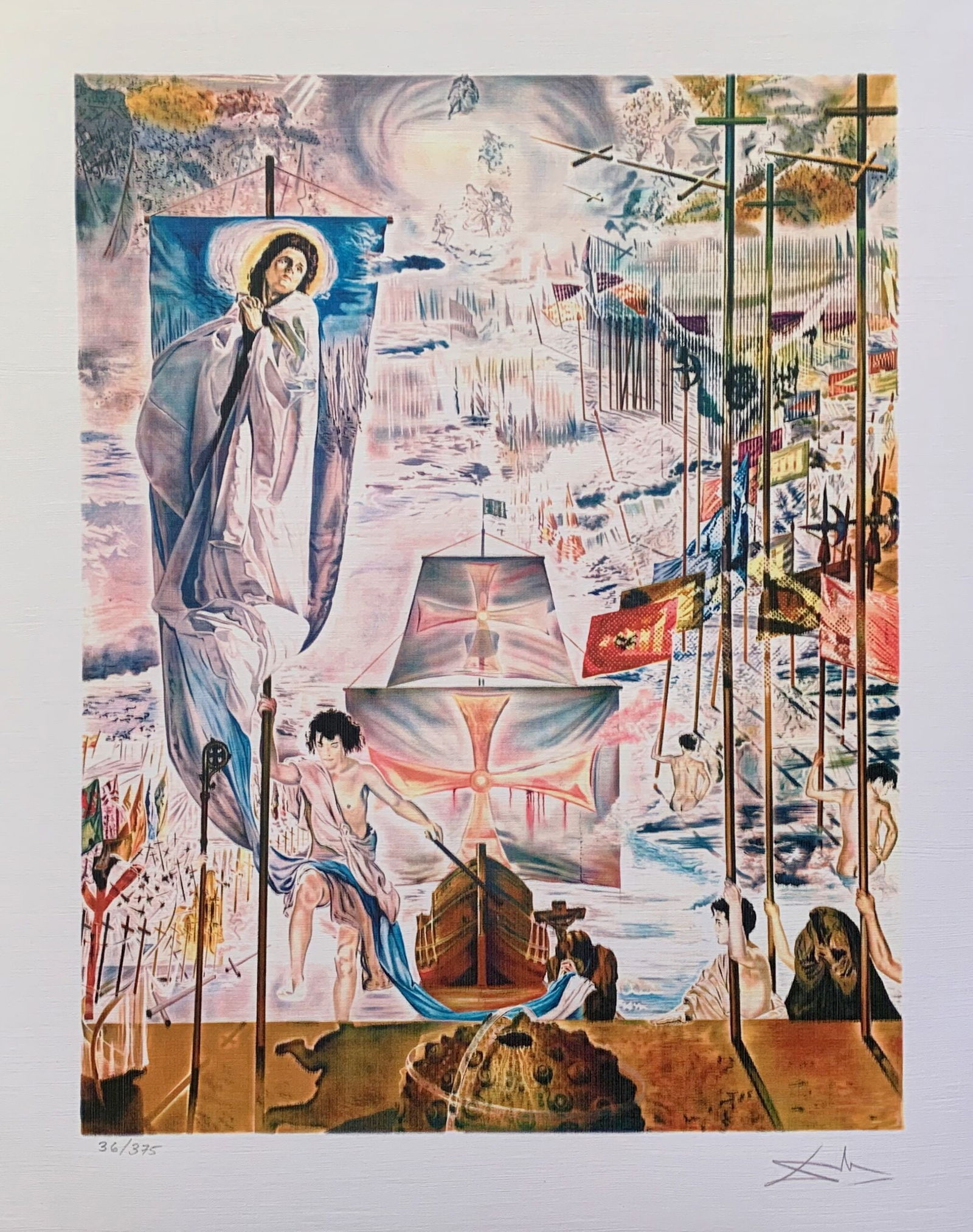 Salvador Dali DISCOVERY OF AMERICA Facsimile Signed Limited Edition Giclee: This is a limited edition giclee titled “DISCOVERY OF AMERICA” by Salvador Dali. This piece is facsimile signed on the lower right. Pencil numbered from an edition of 375. Paper measures 17? x