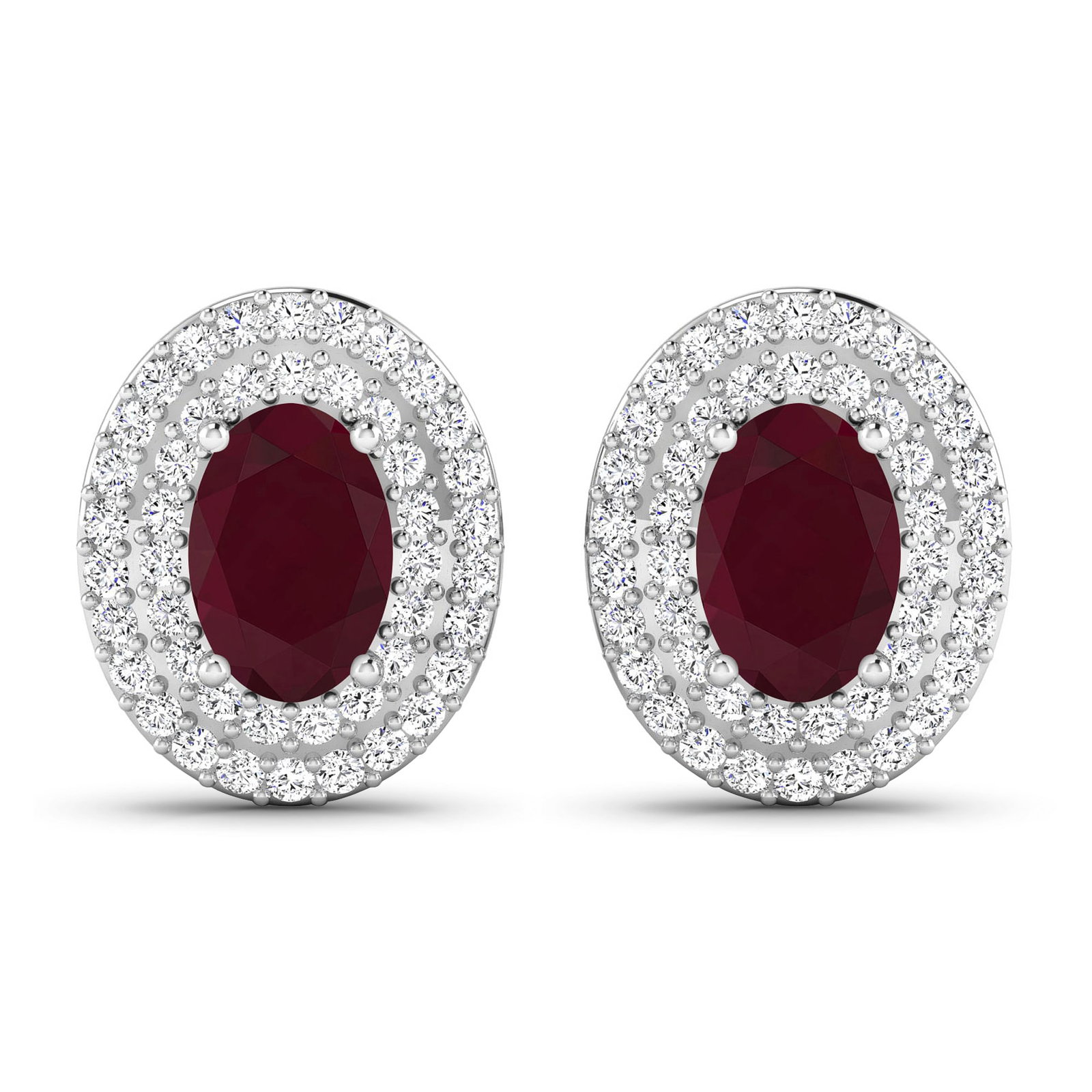 14KT White Gold 1.12ctw Ruby and Diamond Earrings: Ruby (AA) Oval 6x4mm - 2Pcs + White Diamond F/C Round 0.90mm - 90Pcs (I1-I2/I color) ( Push Post ) Total weight of gemstones is 1.12cts. Total Diamond weight is 0.31cts. Total weight of these earrings