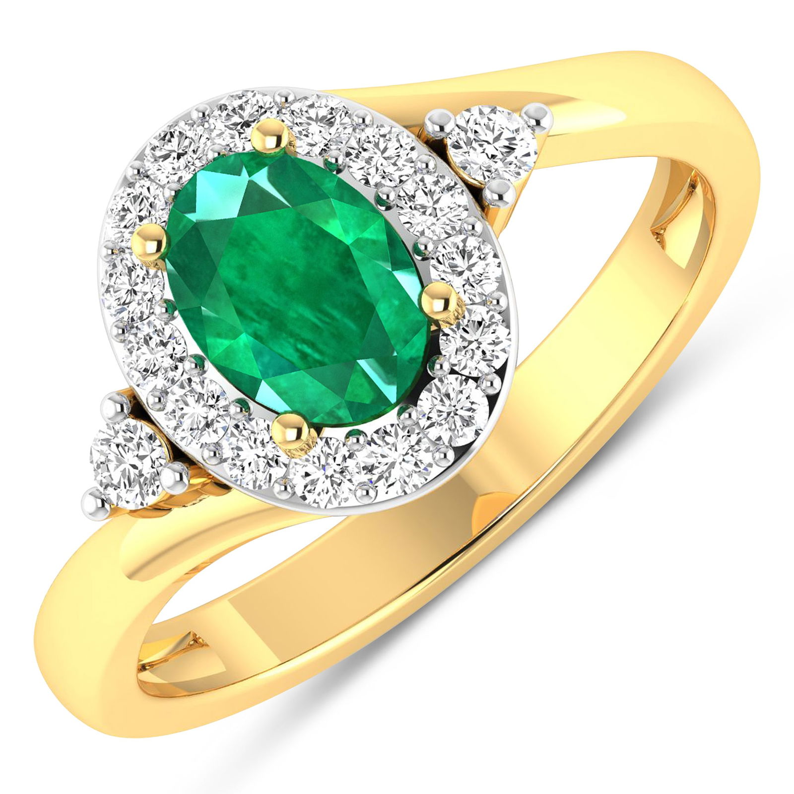 14KT Yellow Gold 0.56ctw Zambian Emerald and Diamond Ring: Zambian Emerald (AA) Oval 7x5mm - 1Pc + White Diamond F/C Round 2.00mm - 2Pcs + White Diamond F/C Round 1.50mm - 15Pcs ( White Pan Rhodium ) ( I1-I2/I color ) Total weight of gemstone is 0.56cts. Tota