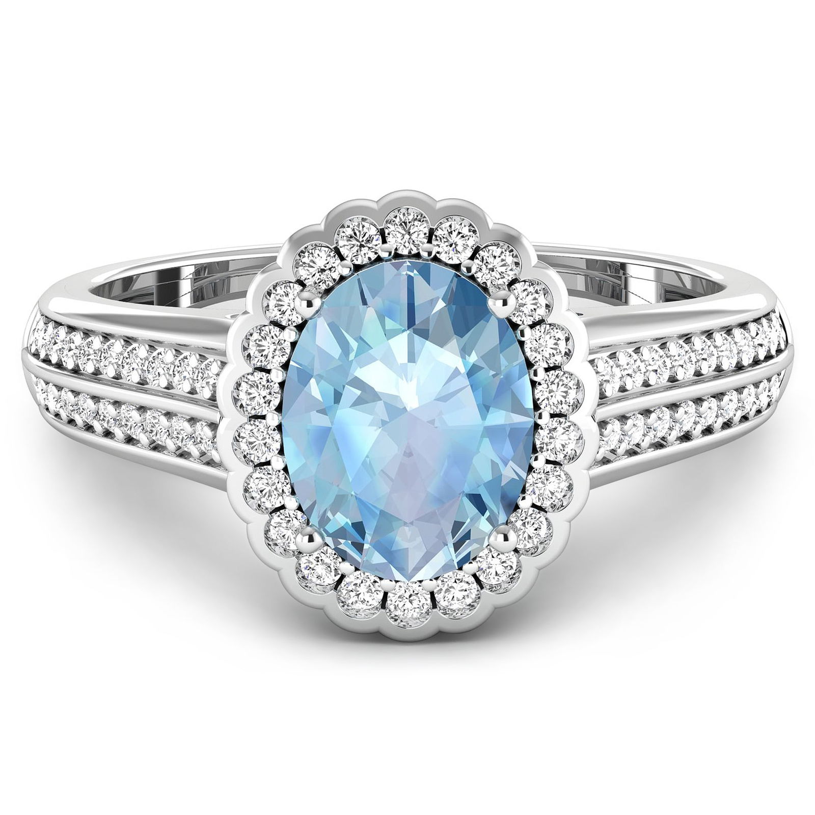 14KT White Gold 1.28ct Aquamarine and Diamond Ring: Aquamarine (AA+) Oval 9x7mm - 1Pc + White Diamond F/C Round 1.20mm - 30Pcs + White Diamond F/C Round 1.10mm - 20Pcs + White Diamond F/C Round 1.00mm - 12Pcs (I1-I2/I color). Total weight of gemstone i