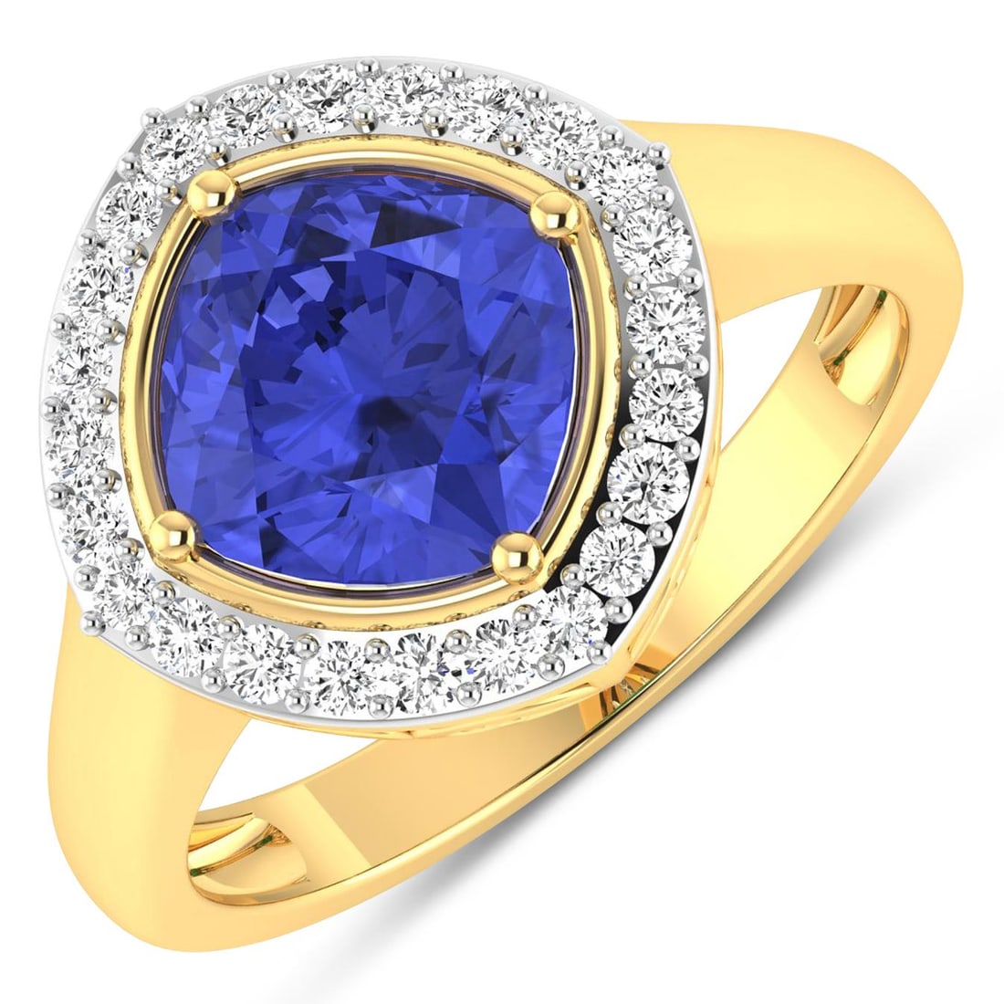 14KT Yellow Gold 1.99ctw Tanzanite and Diamond Ring: Tanzanite (AA+) Cushion 8.00mm - 1Pc + White Diamond F/C Round 1.30mm - 24Pcs ( White Pan Rhodium ) ( SI-2/HI ) Total weight of gemstone is 1.99cts. Total Diamond weight is 0.24cts. Total weight of th