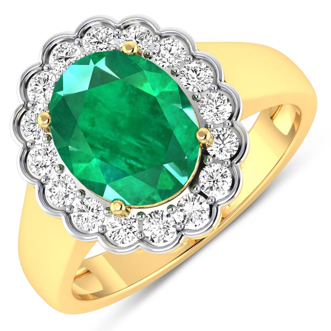 14KT Yellow Gold 2.03ctw Zambian Emerald and Diamond Ring: Zambian Emerald (AA) Oval 10x8mm - 1Pc + White Diamond F/C Round 2.00mm - 16Pcs ( White Pan Rhodium ) ( SI-2/HI ) Total weight of gemstone is 2.03cts. Total Diamond weight is 0.48cts. Total weight of