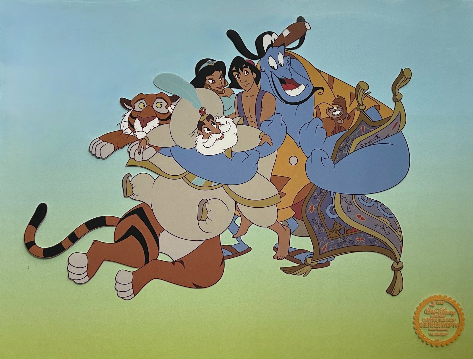 Disney ALADDIN CAST Limited Edition Sericel Animation Art Cel: This is a Disney Limited Edition Serigraph Cel of the characters of Aladdin. Characters pictured include Aladdin, Jasmine, The Sultan, Genie, Abu, Magic Carpet, and Rajah. From Walt Disney Studios. Di