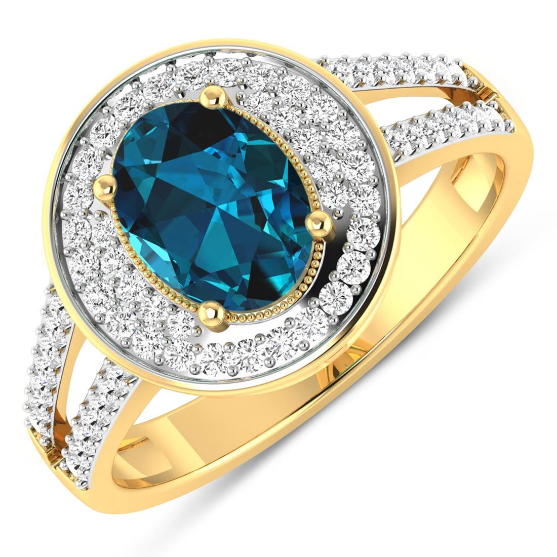 14KT Yellow Gold 1.1ctw London Blue Topaz and Diamond Ring: London Blue Topaz Oval 8x6mm - 1Pc + White Diamond F/C Round 1.10mm - 24Pcs + White Diamond F/C Round 1.00mm - 40Pcs ( White Pan Rhodium ) (I1-I2/I color) Total weight of gemstone is 1.1cts. Total Dia