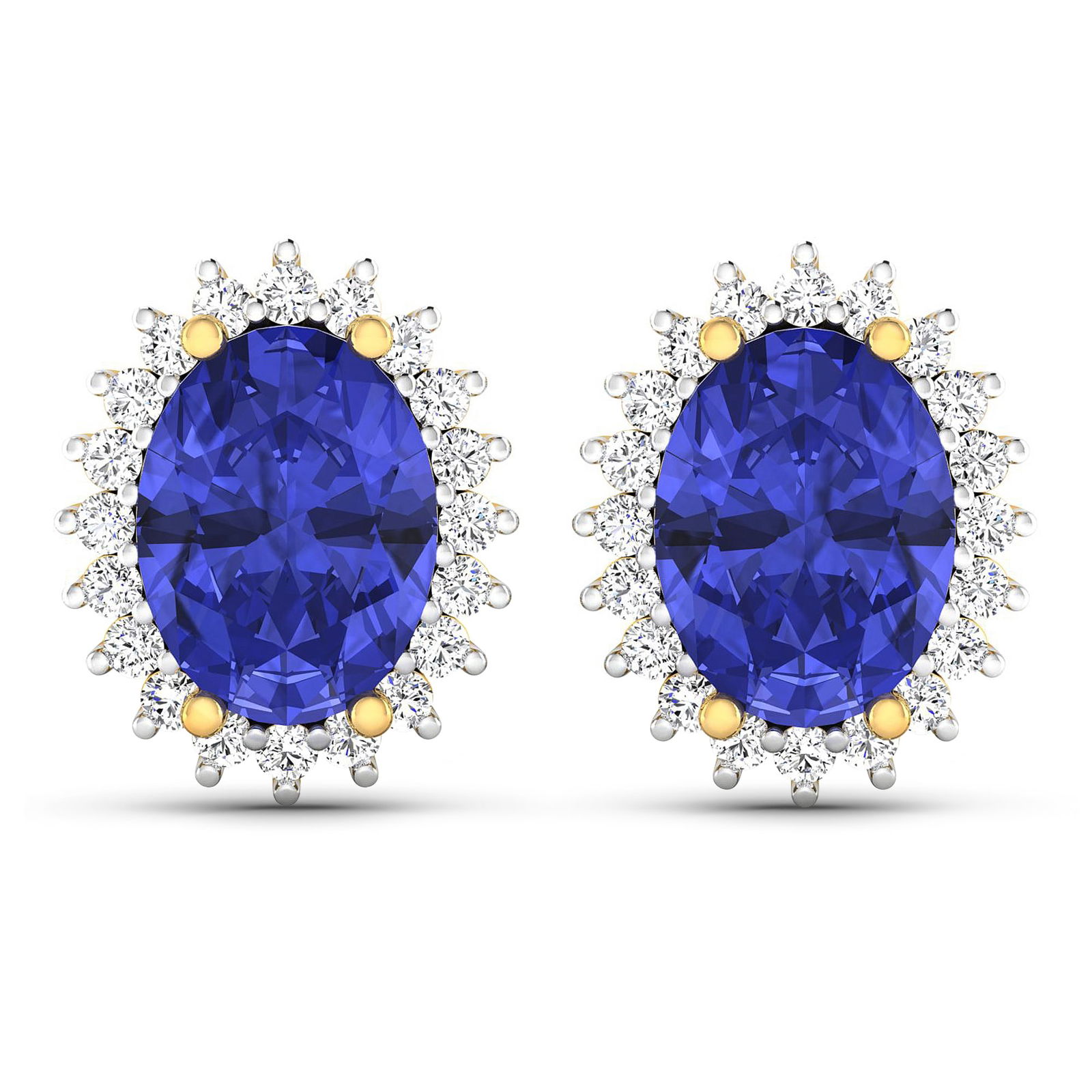 14KT Yellow Gold 2.18ctw Tanzanite and Diamond Earrings: (2) Tanzanite stones with a total weight of 2.18cts. (40) round Diamonds with a total weight of 0.26cts with a color of i and clarity of i1-i2. Total weight of these earrings are 2.81 grams.