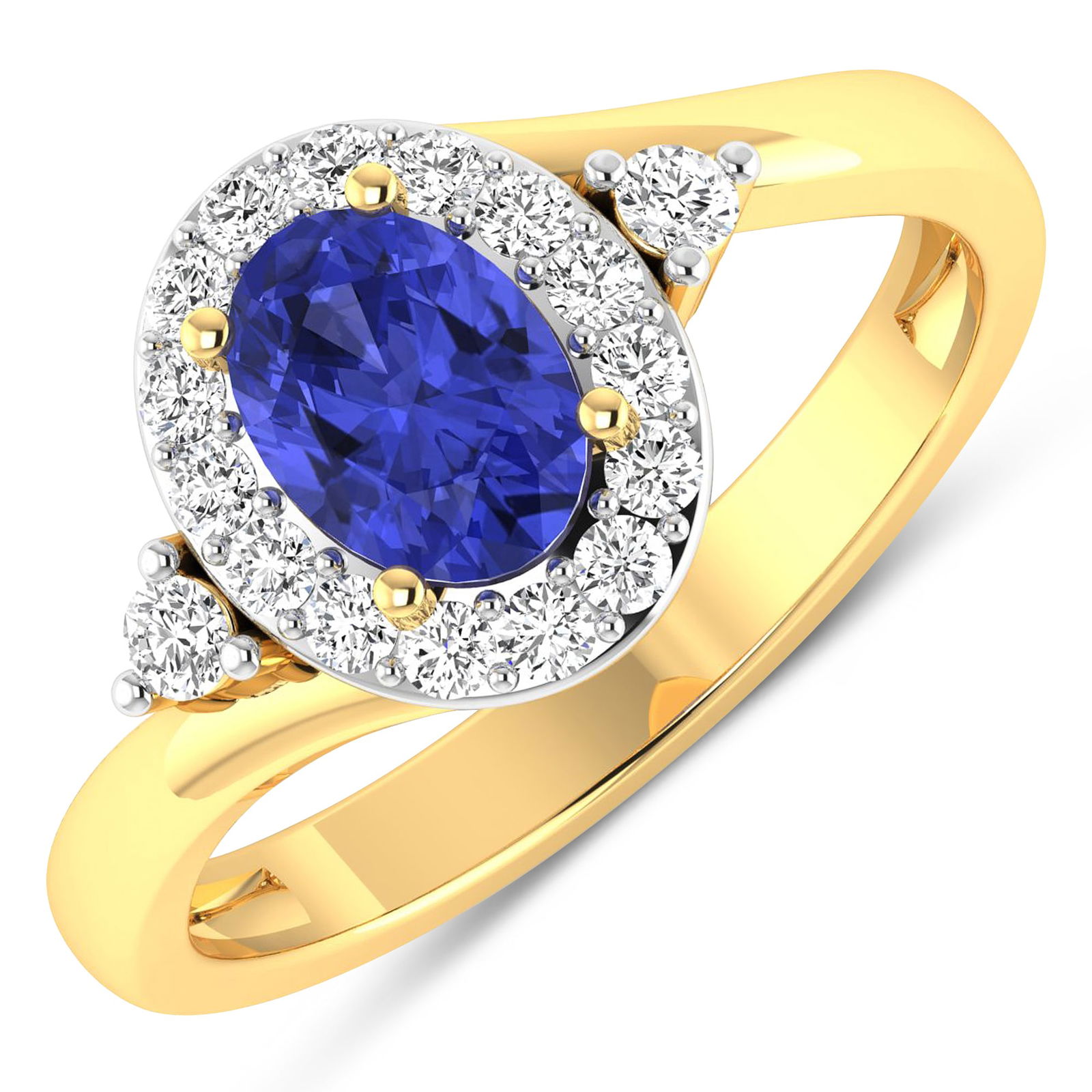 14KT Yellow Gold 0.62ctw Tanzanite and Diamond Ring: Tanzanite (AA+) Oval 7x5mm - 1Pc + White Diamond F/C Round 2.00mm - 2Pcs + White Diamond F/C Round 1.50mm - 15Pcs ( White Pan Rhodium ) ( I1-I2/I color ) Total weight of gemstone is 0.62cts. Total Dia