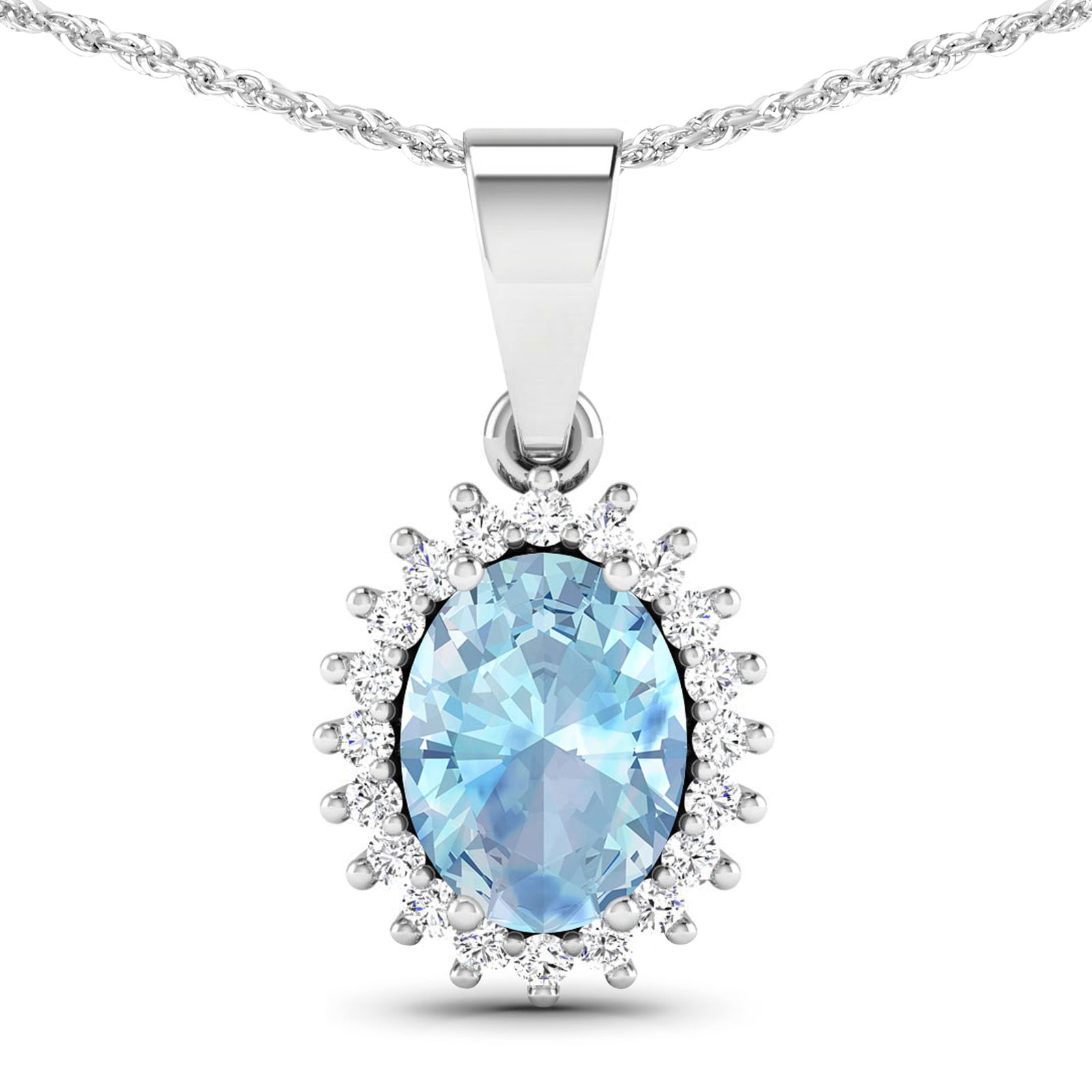 14KT White Gold 1.05ctw Aquamarine and Diamond Pendant: Aquamarine Oval 8x6mm - 1Pc + White Diamond F/C Round 1.10mm - 20Pcs (I1-I2/I color) Total weight of gemstone is 1.05cts. Total Diamond weight is 0.13cts. Total weight of this pendant is 1.66 grams.
