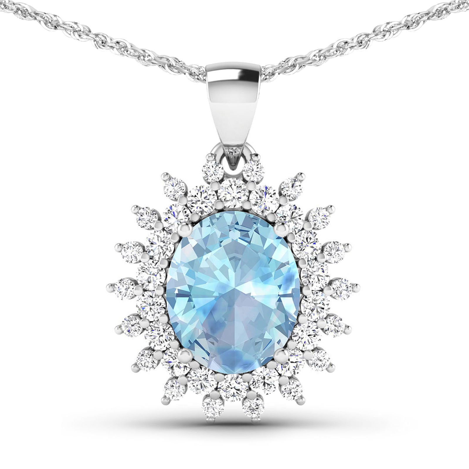 14KT White Gold 2.7ctw Aquamarine and Diamond Pendant: Aquamarine Oval 11x9mm - 1Pc + White Diamond F/C Round 2.00mm - 18Pcs + White Diamond F/C Round 1.50mm - 18Pcs ( Diamond Quality : SI-2/HI ) Total weight of gemstone is 2.7cts. Total Diamond weight is