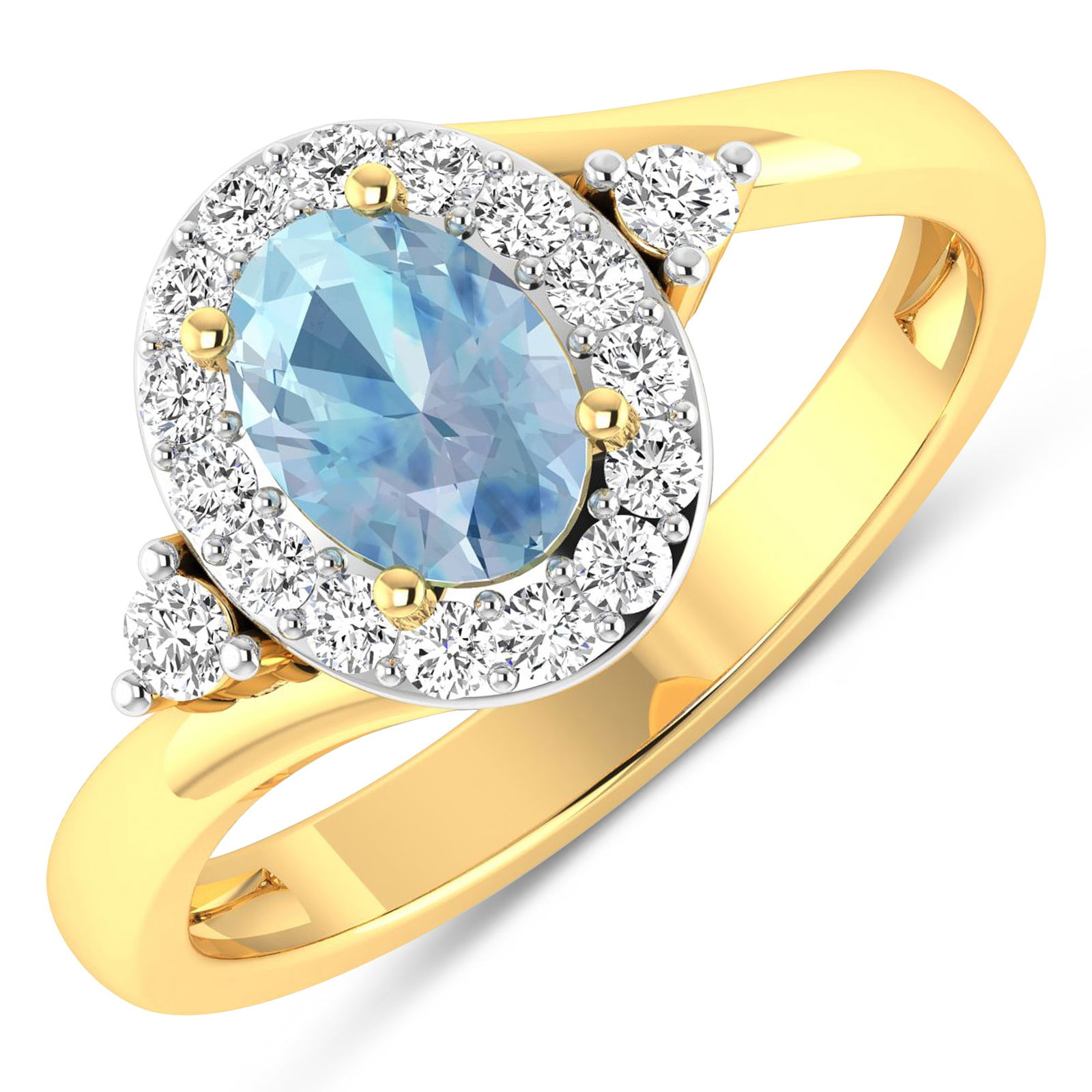 14KT Yellow Gold 0.51ctw Aquamarine and Diamond Ring: Aquamarine (AA+) Oval 7x5mm - 1Pc + White Diamond F/C Round 2.00mm - 2Pcs + White Diamond F/C Round 1.50mm - 15Pcs ( White Pan Rhodium ) ( I1-I2/I color ) Total weight of gemstone is 0.51cts. Total Di
