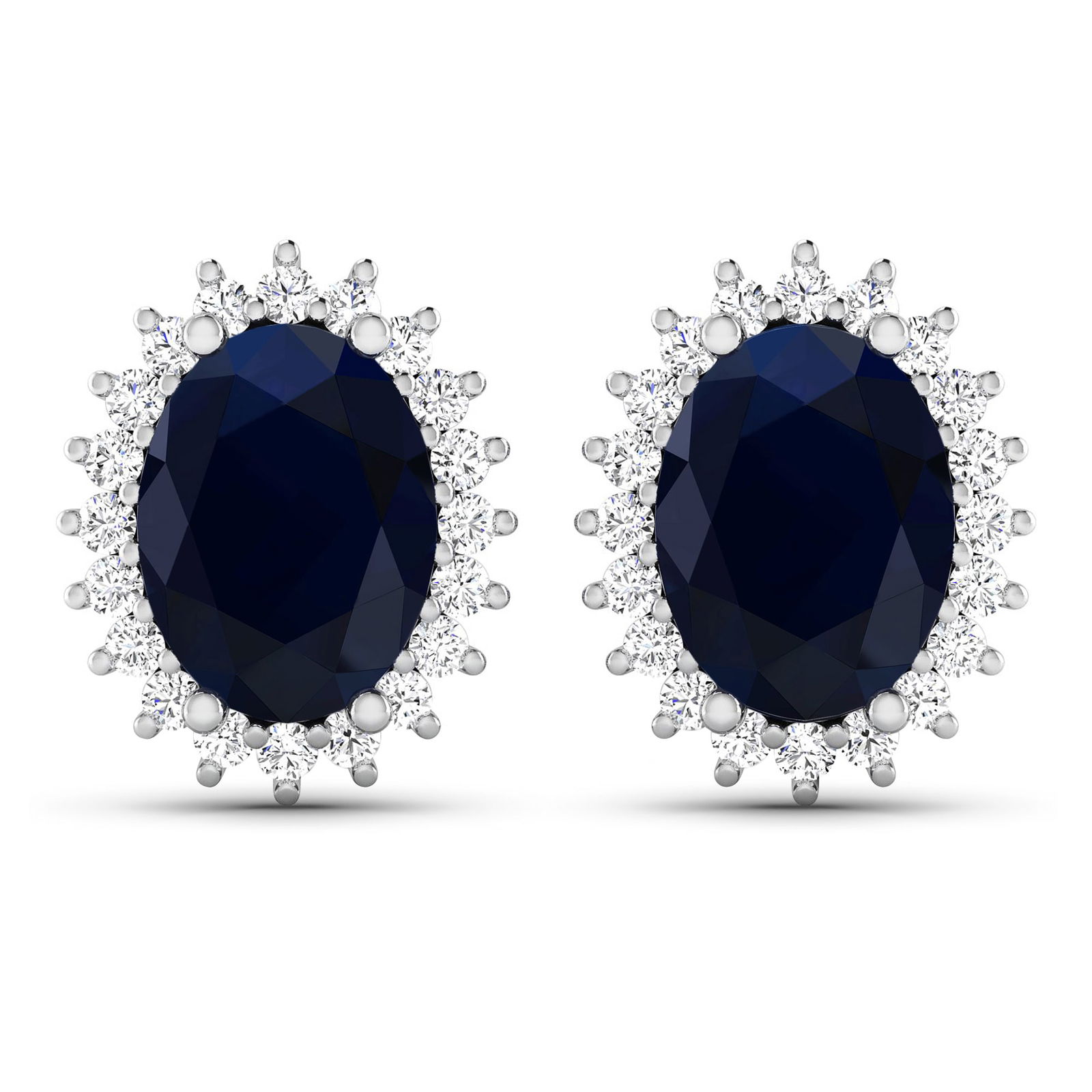14KT White Gold 2.60ctw Blue Sapphire and Diamond Earrings: (2) Blue Sapphires with a total weight of 2.60cts. (40) Diamonds with a 0.26cts. Blue Sapphire (AA) Oval 8x6mm - 2Pcs + White Diamond F/C Round 1.10mm - 40Pcs (I1-I2/I color). Total weight of these ea