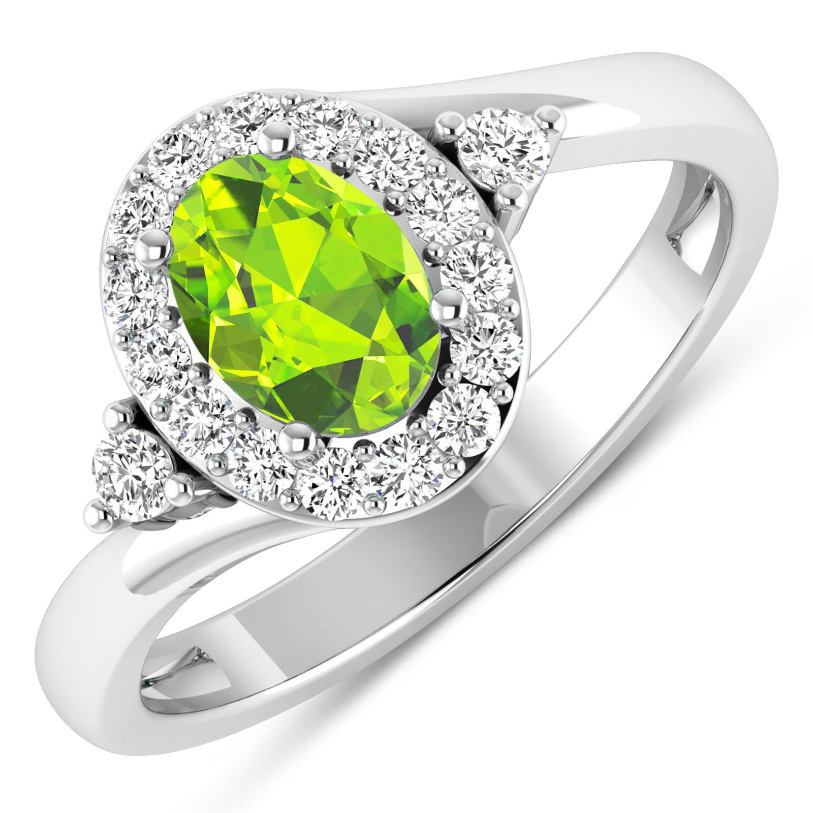 14KT White Gold 0.63ctw Peridot and Diamond Ring: Peridot Oval 7x5mm - 1Pc + White Diamond F/C Round 2.00mm - 2Pcs + White Diamond F/C Round 1.50mm - 15Pcs ( I1-I2/I color ) Total weight of gemstone is 0.63cts. Total Diamond weight is 0.27cts. Total