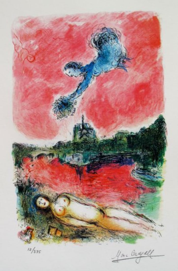 Marc Chagall VUE OF NOTRE DAME Facsimile Signed Limited Edition Giclee: This is a Marc Chagall limited edition small giclee titled “NOTRE DAME”. This giclee is facsimile signed on the lower right and is pencil numbered on the lower left from an edition of 375. Pap