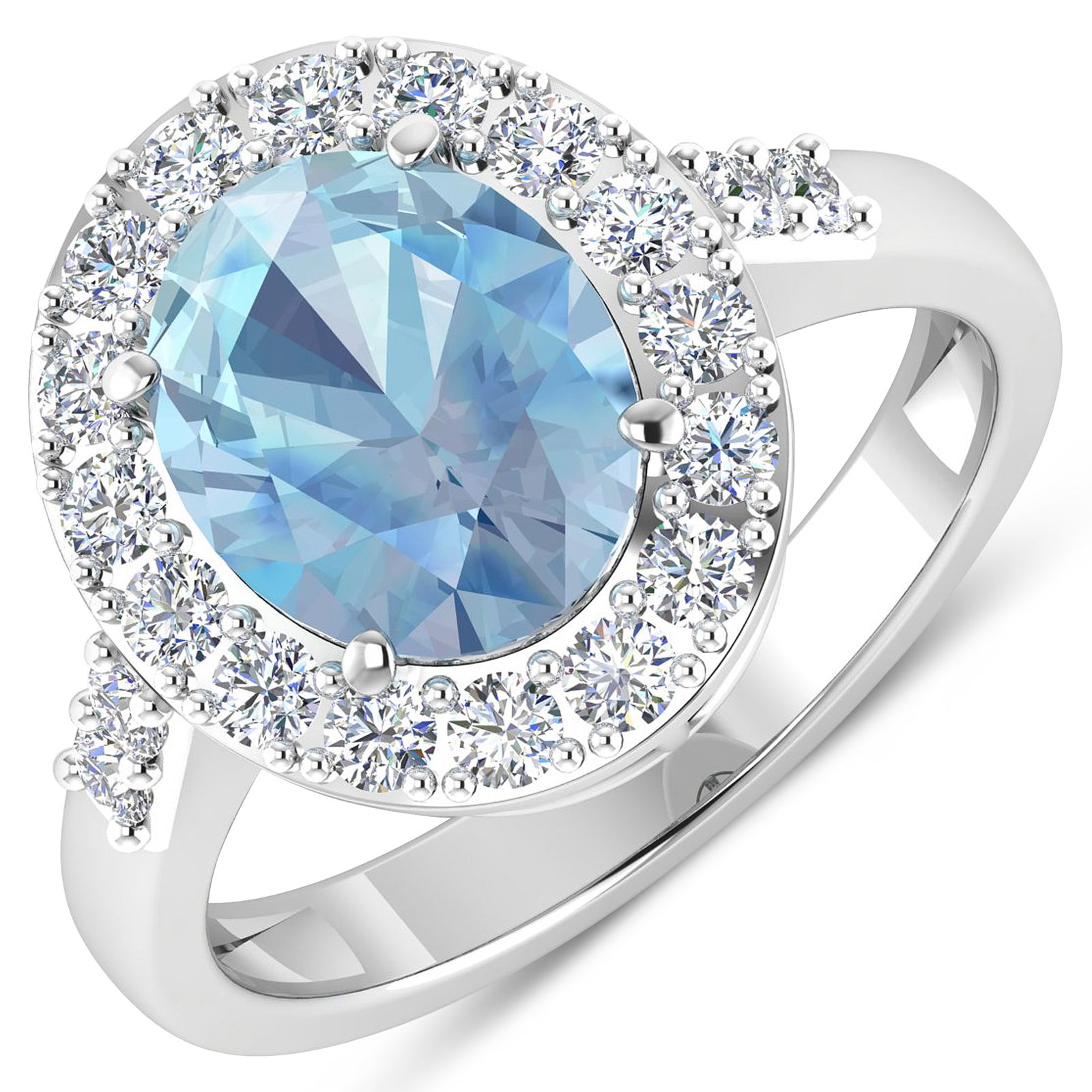 14KT White Gold 1.9ct Aquamarine and Diamond Ring: Aquamarine (AA+) Oval 10x8mm - 1Pc + White Diamond F/C Round 2.00mm - 20Pcs ( Diamond Quality : SI-2/HI ). Total weight of gemstone is 1.9cts. Total weight of Diamonds is 0.6cts. Total weight of this