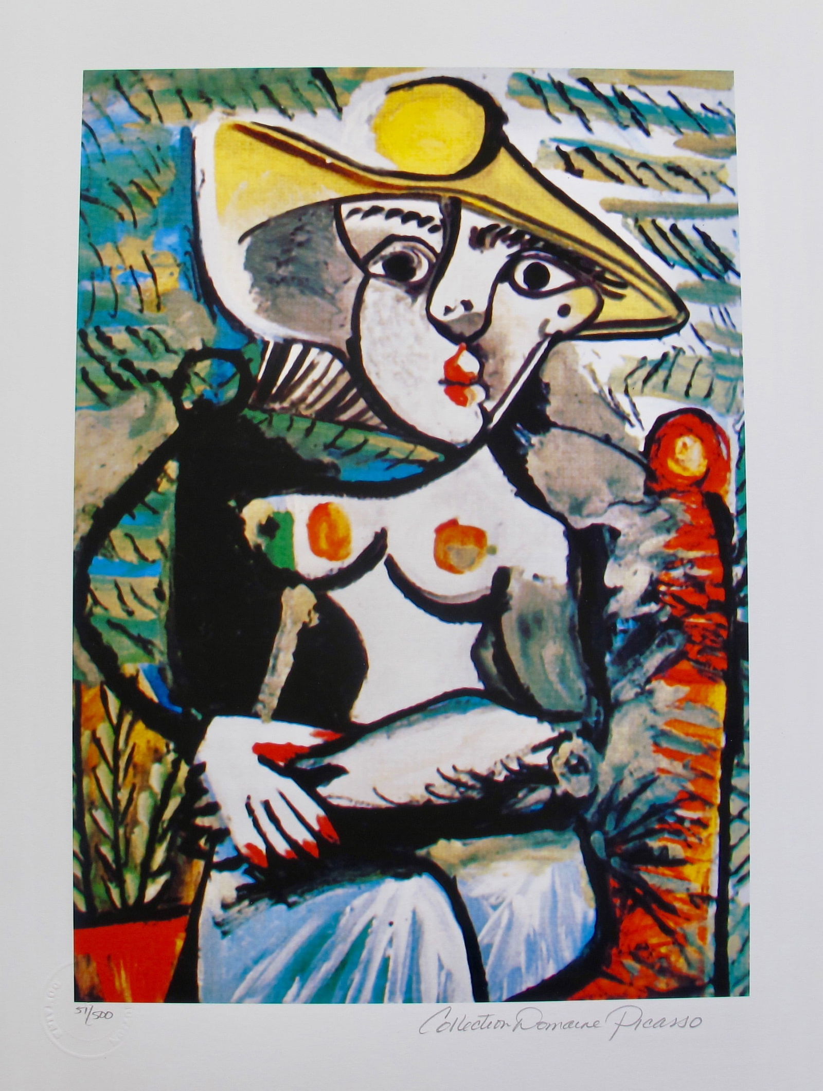 Pablo Picasso HALF NUDE LADY Estate Signed Limited Edition Giclee: This is a PABLO PICASSO (ESTATE COLLECTION DOMAINE) (1881-1973) giclee titled “Half Nude Lady”. This piece is pencil signed on the lower right as ‘Collection Domaine Picasso’ and has an em