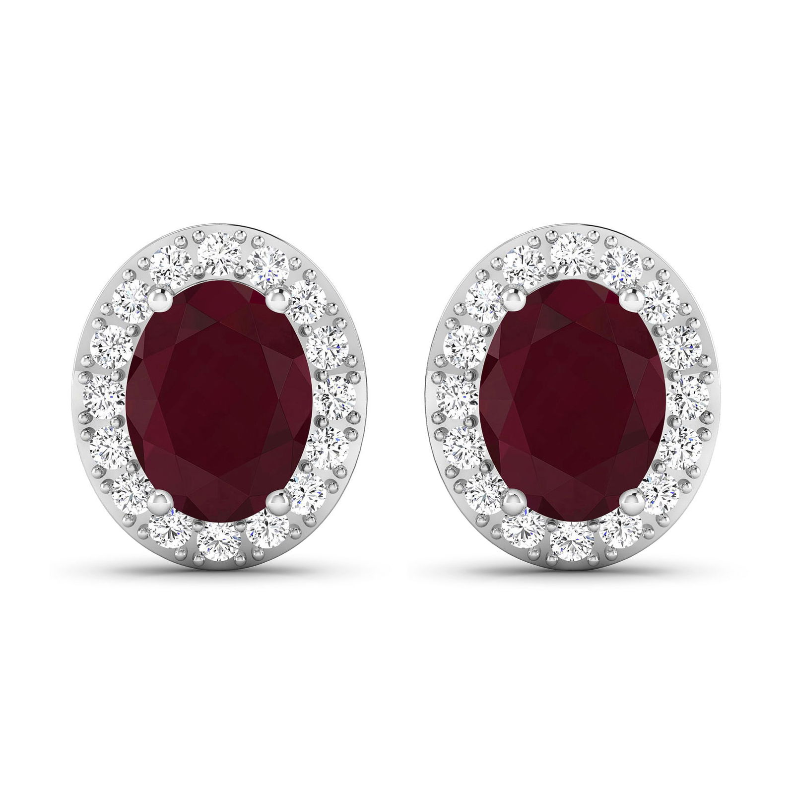 14KT White Gold 3ctw Ruby and Diamond Earrings: Ruby (AA) Oval 8x6mm - 2Pcs + White Diamond F/C Round 1.50mm - 32Pcs ( Diamond Quality : SI-2/HI ) ( Push Post ) Total weight of gemstones is 3cts. Total Diamond weight is 0.44cts. Total weight of the