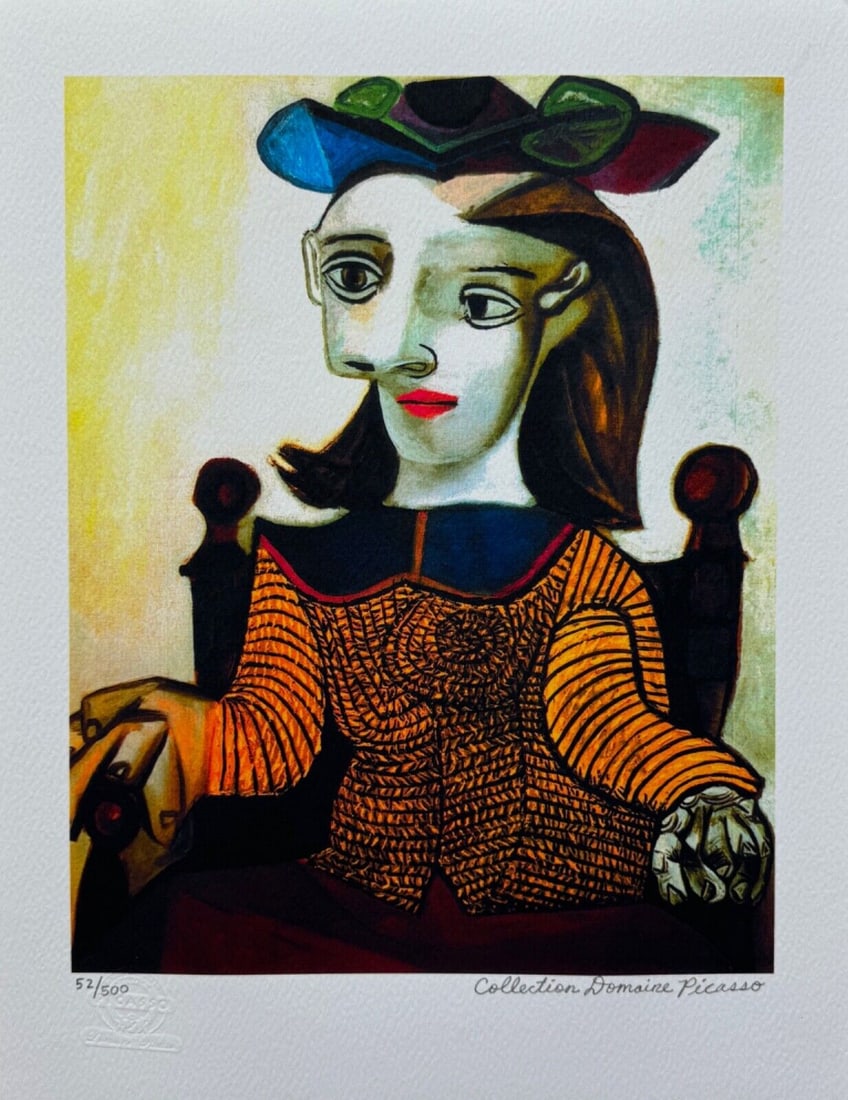 Pablo Picasso SEATED LADY IN BROWN Estate Signed Limited Edition Giclee: This is a PABLO PICASSO (ESTATE COLLECTION DOMAINE) giclee titled “Seated Lady in Brown”. This piece is pencil signed on the lower right as ‘Collection Domaine Picasso’ and has an embossed
