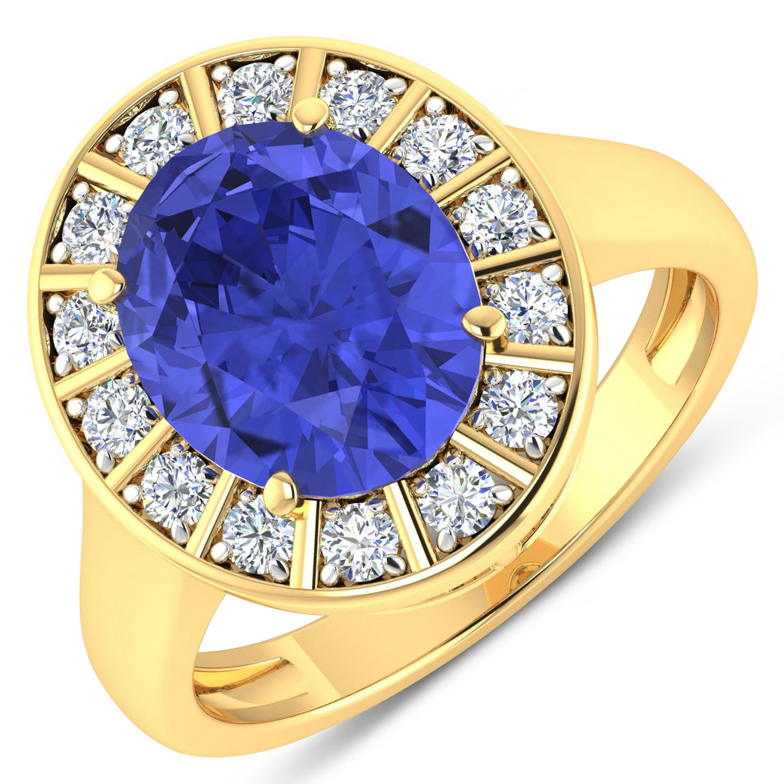 14KT Yellow Gold 3.43ct Tanzanite and Diamond Ring: Tanzanite (AA+) Oval 11x9mm - 1Pc + White Diamond F/C Round 2.00mm - 14Pcs ( White Pan Rhodium ) ( Diamond Quality : SI-2/HI ). Total weight of gemstone is 3.43cts. Total weight of Diamonds is 0.42cts