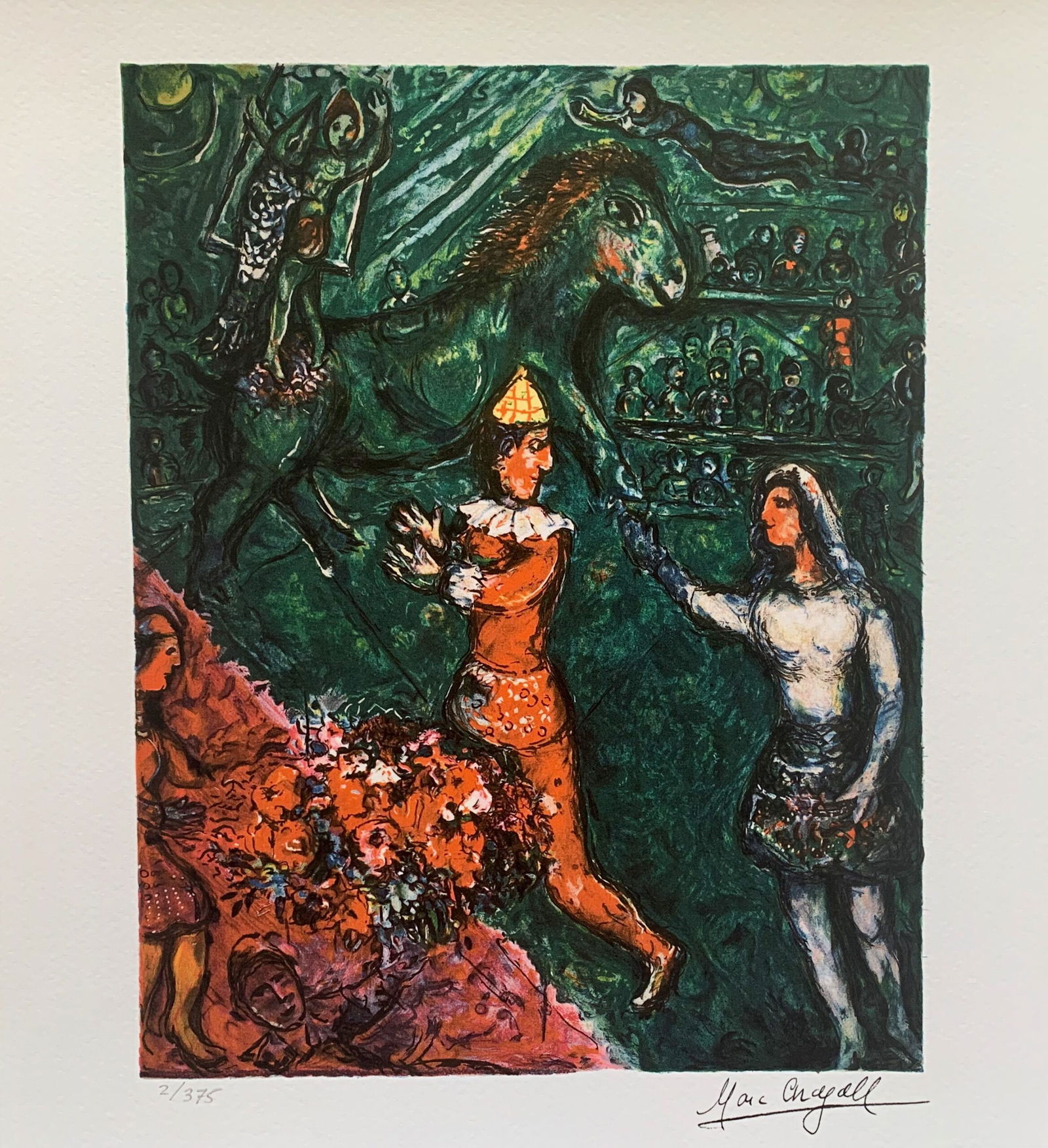 Marc Chagall CIRCUS VERDE Limited Edition Facsimile Signed Giclee: This is a Marc Chagall limited edition x-small giclee titled “Circus Verde”. This giclee is facsimile signed on the lower right and is pencil numbered on the lower left from an edition of 375.
