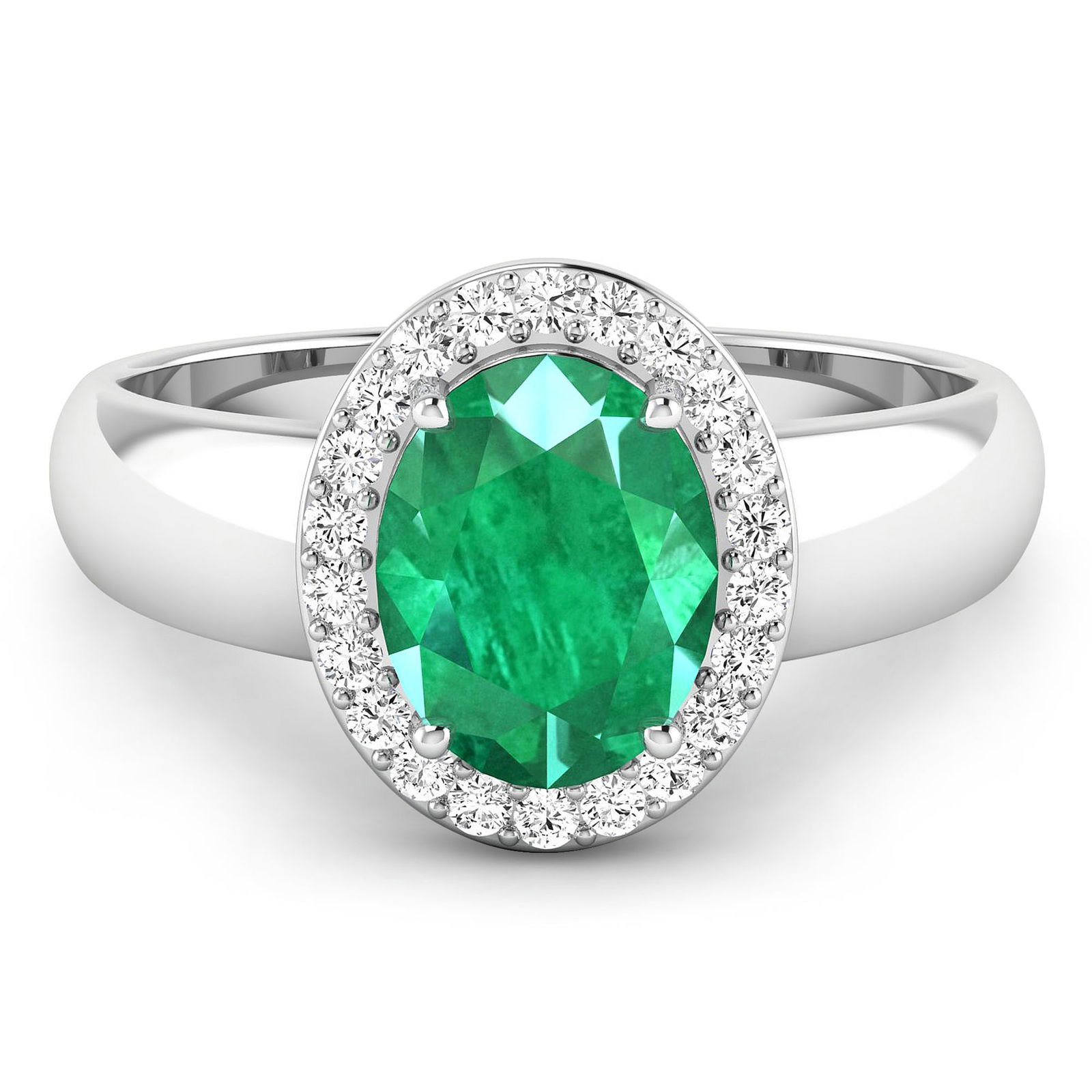 14KT White Gold 1.53ct Zambian Emerald and Diamond Ring: Zambian Emerald (AA) Oval 9x7mm - 1Pc + White Diamond F/C Round 1.30mm - 22Pcs (I1-I2/I color) ( With J Back ). Total weight of gemstone is 1.53cts. Total weight of Diamonds is 0.22cts. Total weight o