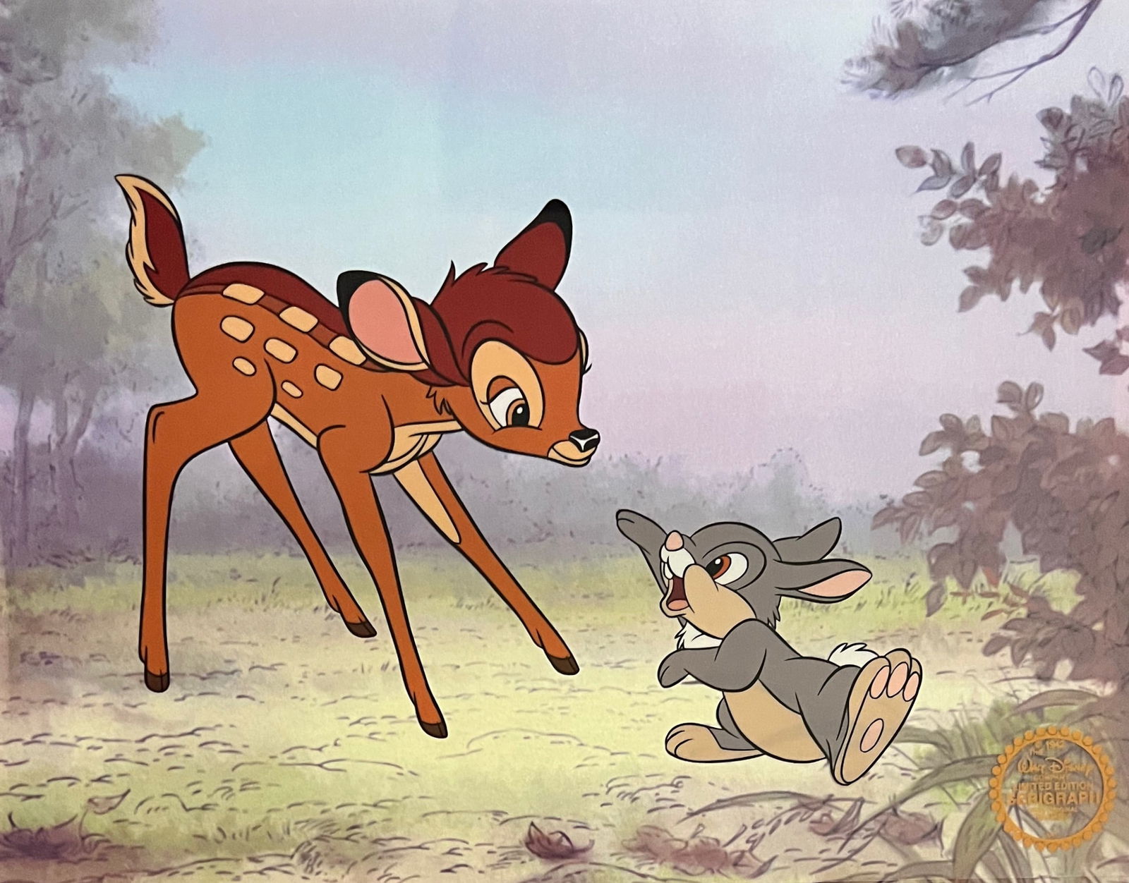 Disney Bambi & Thumper Limited Edition Sericel Animation Art: This is a Disney Limited Edition Serigraph Cel of Bambi and Thumper. From Walt Disney Studios. Disney’s own artists have selected this scene from the original animation drawings used to produce this