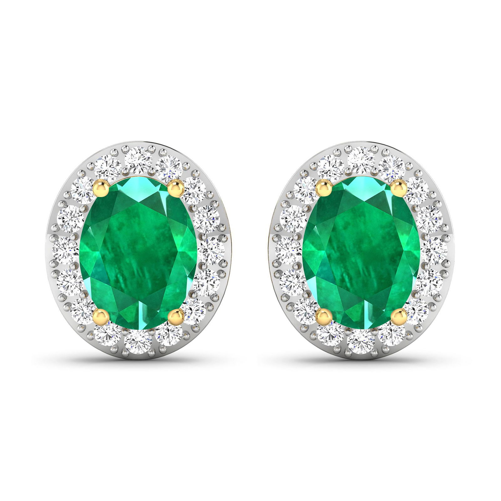 14KT Yellow Gold 2ctw Zambian Emerald and Diamond Earrings: Zambian Emerald (AA) Oval 8x6mm - 2Pcs + White Diamond F/C Round 1.50mm - 32Pcs ( Diamond Quality : SI-2/HI ) ( Push Post ) Total weight of gemstones is 2cts. Total Diamond weight is 0.44cts. Total we