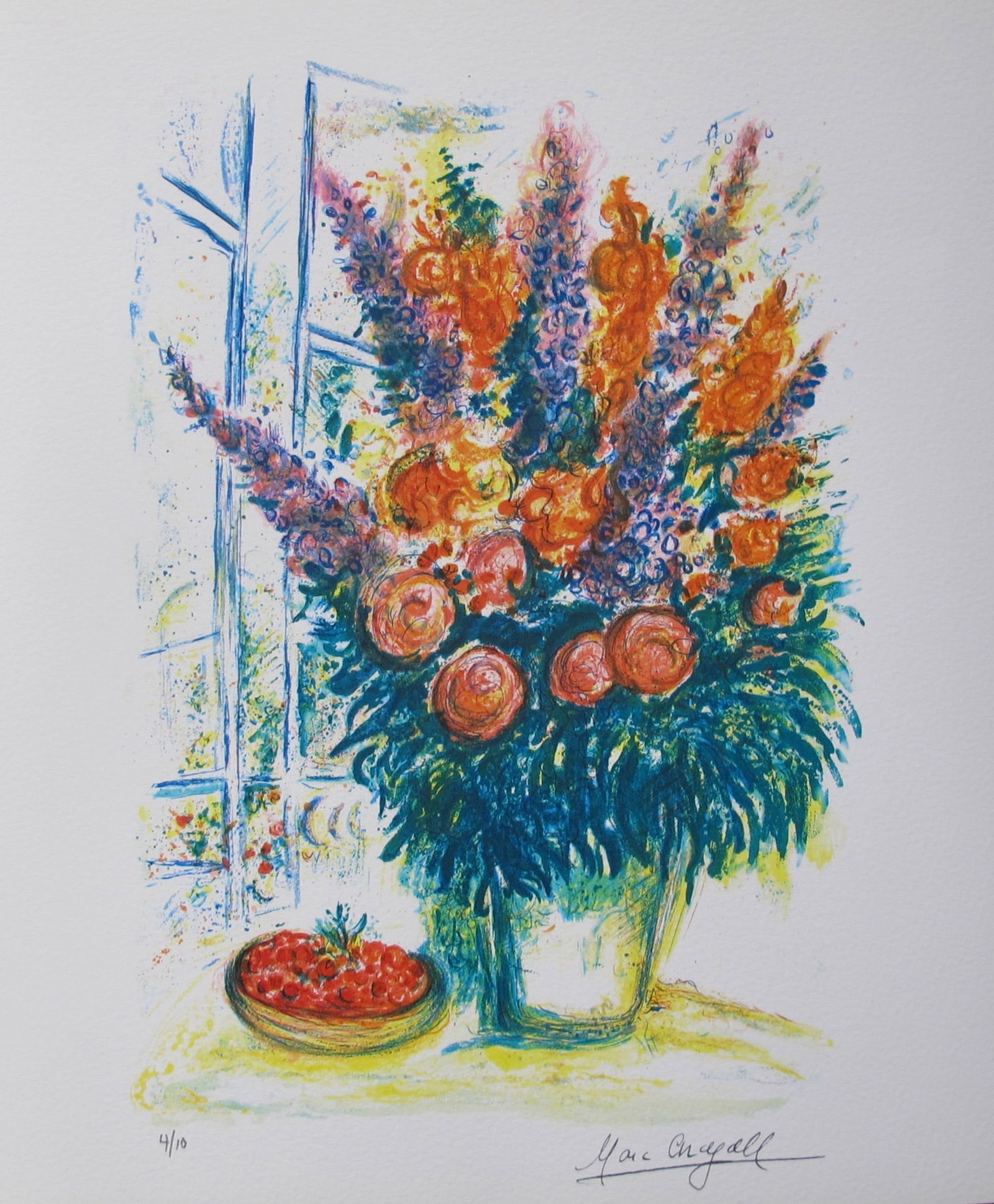 Marc Chagall BOUQUET WITH BOWL OF CHERRIES Limited Edition Facsimile Signed Giclee: This is a Marc Chagall limited edition extra small giclee titled “BOUQUET WITH BOWL OF CHERRIES”. This giclee is facsimile signed on the lower right and is pencil numbered on the lower left fr