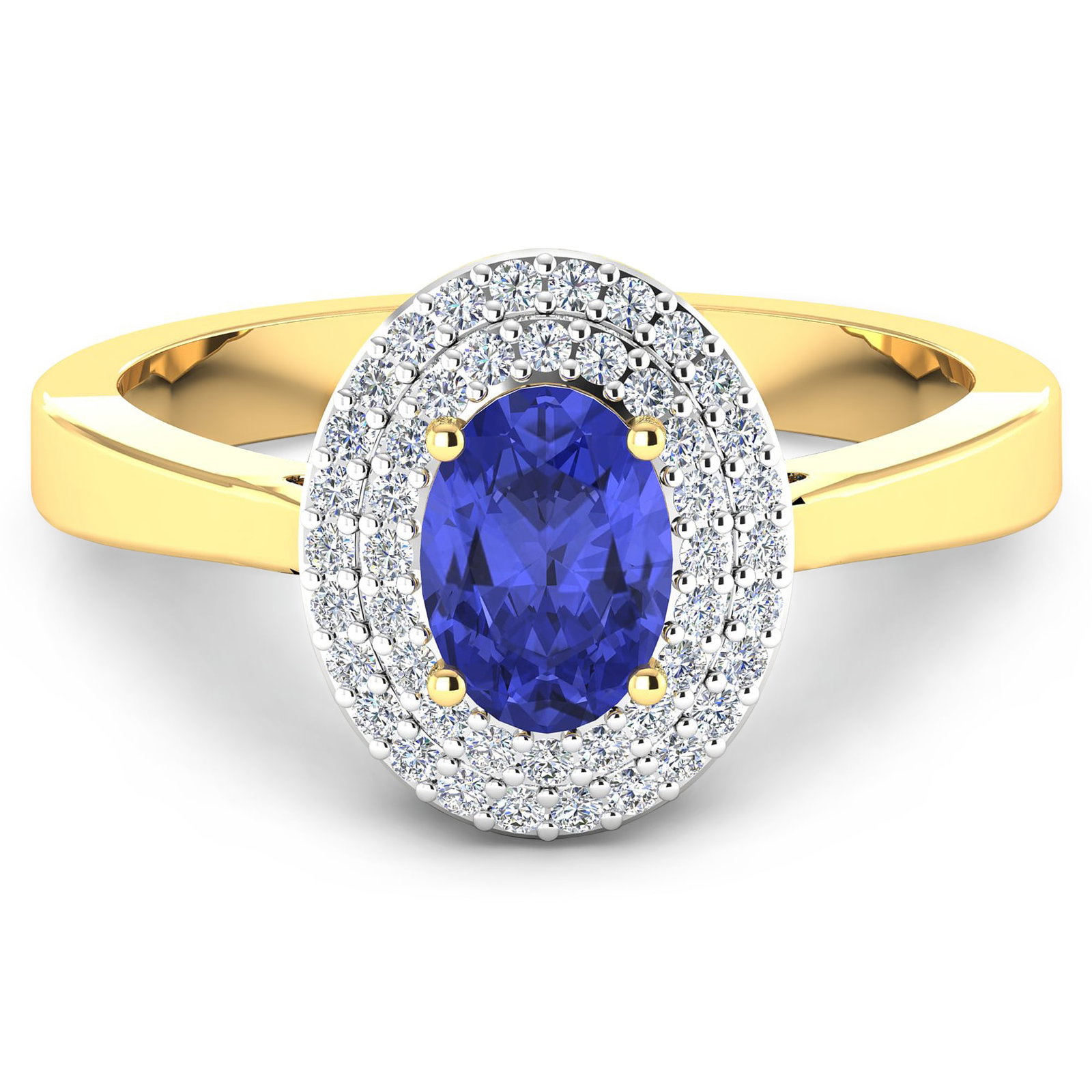 14KT Yellow Gold 0.75ct Tanzanite and Diamond Ring: Tanzanite (AA+) Oval 7x5mm - 1Pc + White Diamond F/C Round 0.90mm - 46Pcs ( White Pan Rhodium ) (I1-I2/I color). Total weight of gemstone is 0.75cts. Total weight of Diamonds is 0.16cts. Total weight