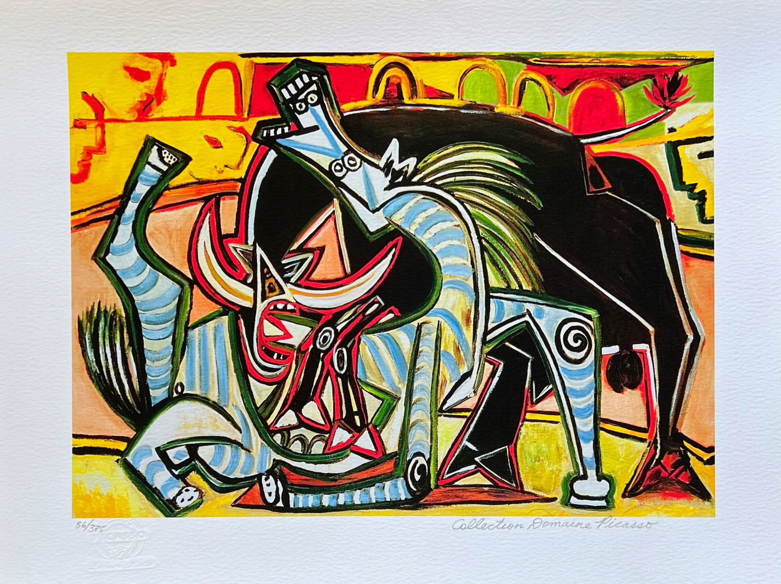 Pablo Picasso BULLFIGHT Estate Signed Limited Edition Giclee: This is a PABLO PICASSO (ESTATE COLLECTION DOMAINE) (1881-1973) small giclee titled “THE BULLFIGHT”. This piece is pencil signed on the lower right as ‘Collection Domaine Picasso’ and has