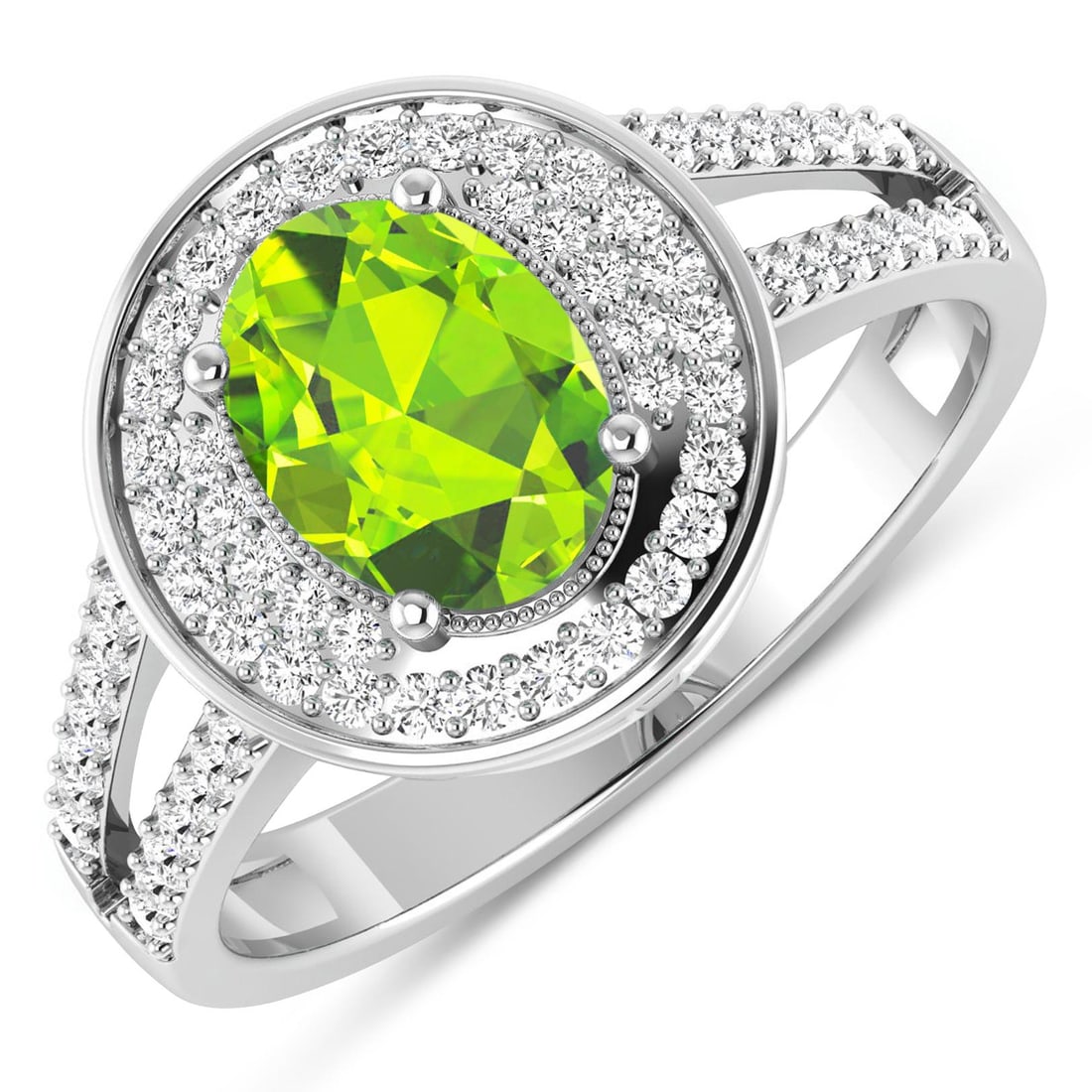 14KT White Gold 1.05ctw Peridot and Diamond Ring: Peridot Oval 8x6mm - 1Pc + White Diamond F/C Round 1.10mm - 24Pcs + White Diamond F/C Round 1.00mm - 40Pcs ( I1-I2/I color ) Total weight of gemstone is 1.05cts. Total Diamond weight is 0.34cts. Total