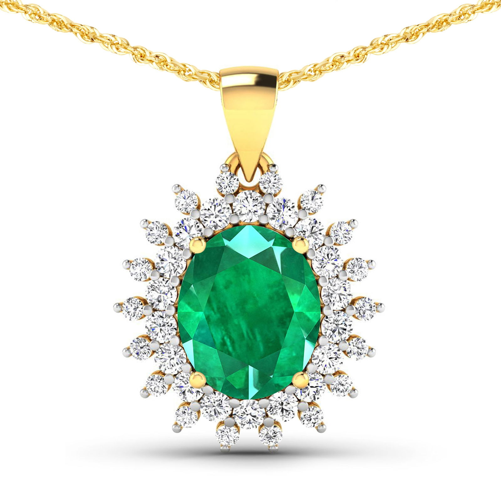 14KT Yellow Gold 3.14ctw Zambian Emerald and Diamond Pendant: Zambian Emerald (AA) Oval 11x9mm - 1Pc + White Diamond F/C Round 2.00mm - 18Pcs + White Diamond F/C Round 1.50mm - 18Pcs ( Diamond Quality : SI-2/HI ) Total weight of gemstone is 3.14cts. Total Diamon